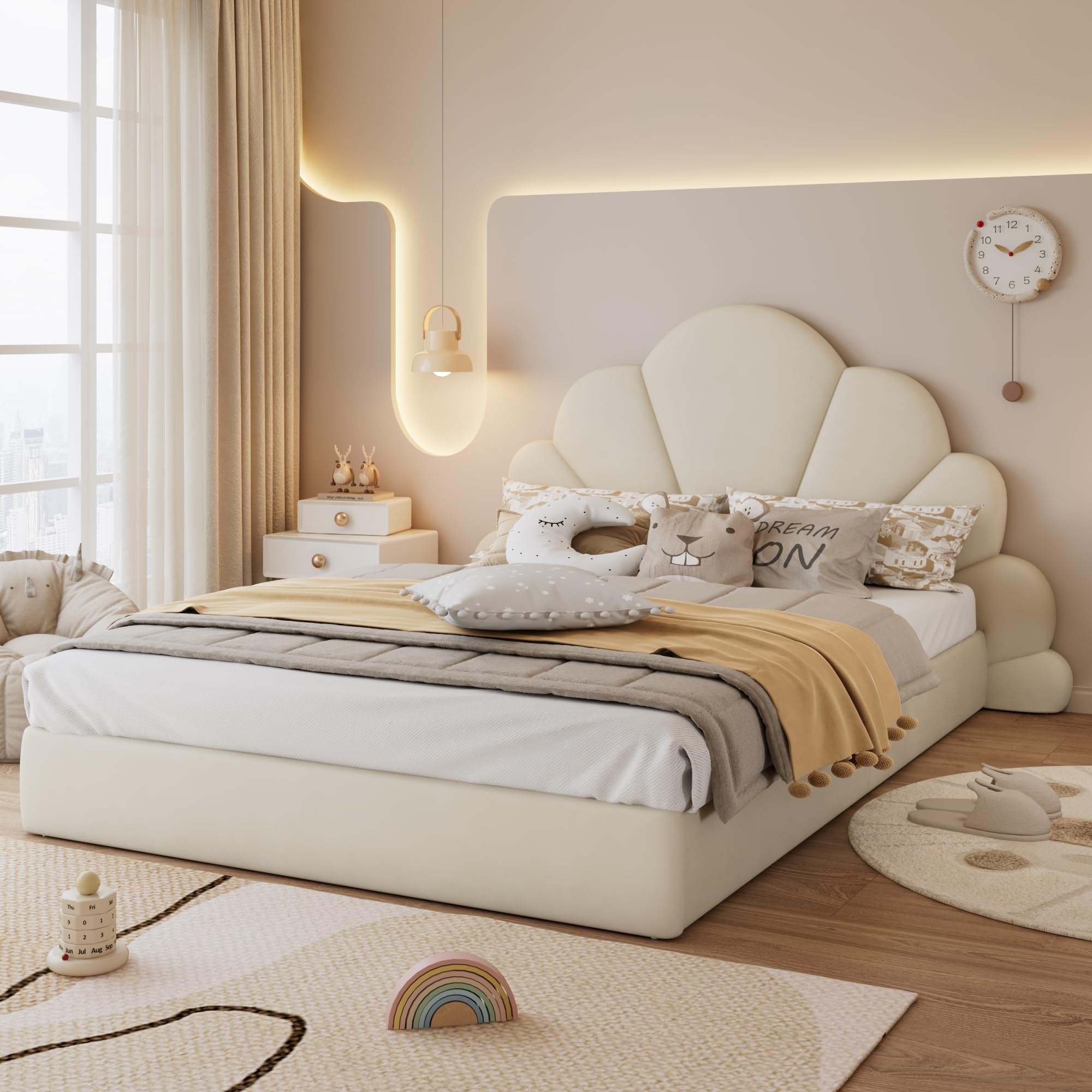 Letto Imbottito 140x200 Letto Matrimoniale Testiera Curva A Forma di Petali Testiera Imbottita Giroletto Imbottito Rivestimento in Velluto Base Antiscivolo Supporto A Doghe Camera Beige
