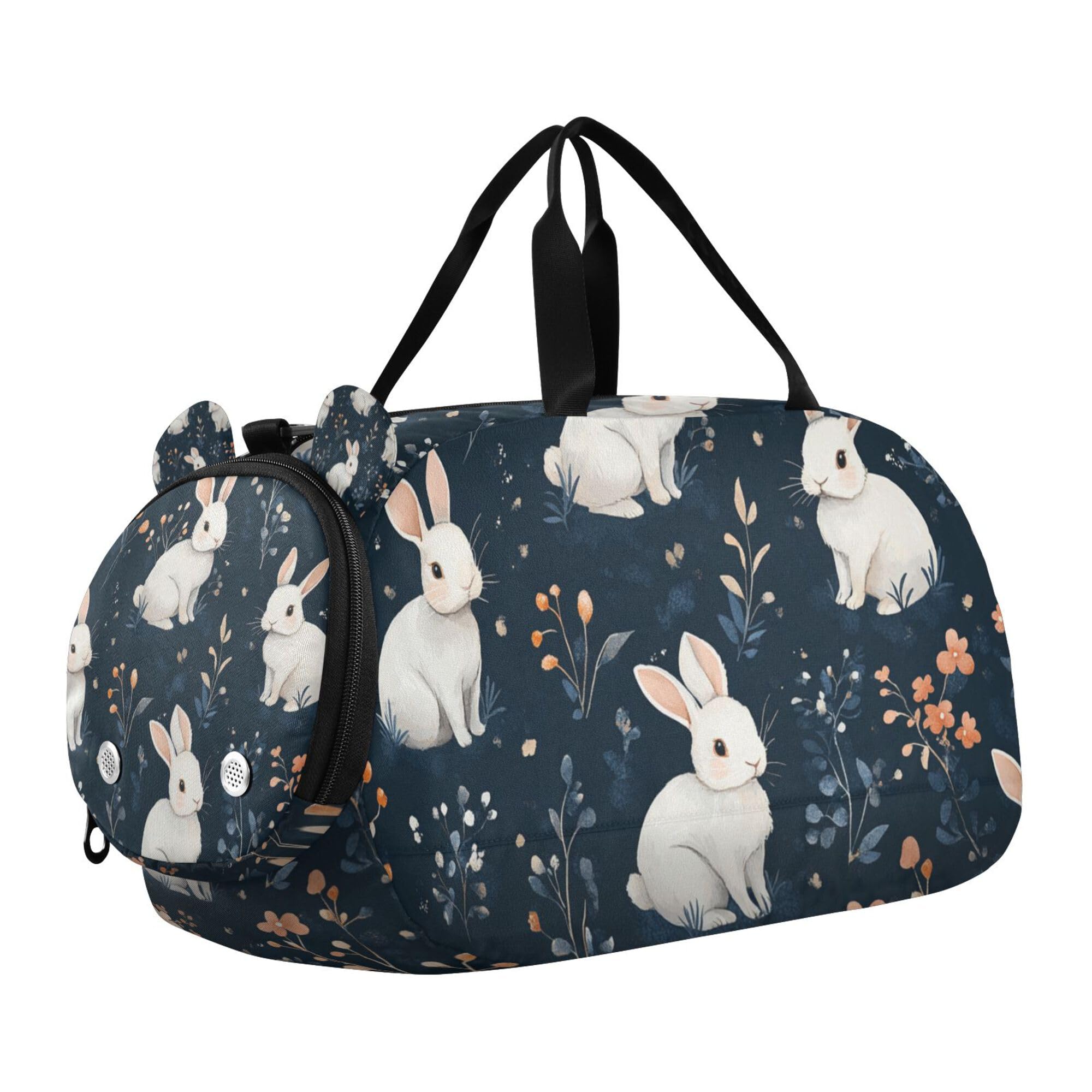Glaphy Cute Rabbits Flowers Duffle Bag for Toddler Boys Girls, Gym Sports Bag with Shoe Compartments, Kids Travel Overnight Weekender Shoulder Bag