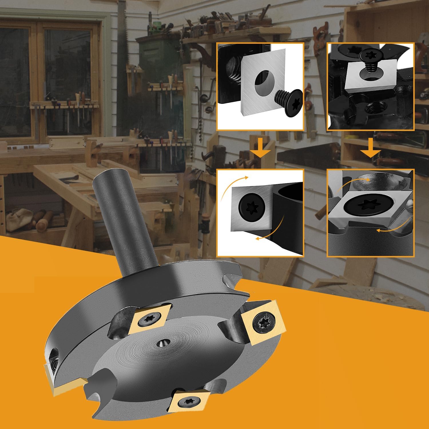 SpeTool Frez czołowy 12 mm, trzonek 75 mm, średnica cięcia z powłoką ATS z 4 wymiennymi nożami z twardego metalu (10,5 mm x 10,5 mm x 2,2 mm), frez do powierzchniowych frezarek do frezarki