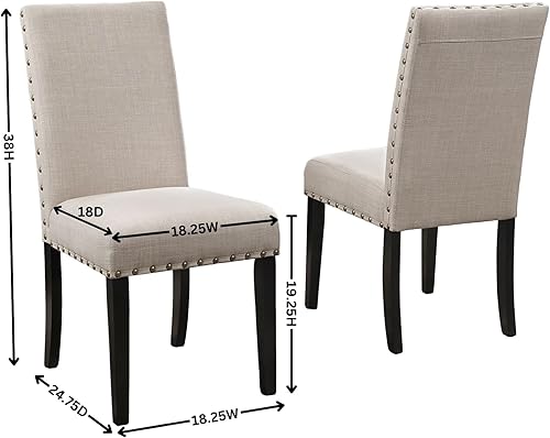 Miniatura 3 de Juego de 2 sillas de comedor para habitación, mesa y asientos de cocina, tapizada de tela con ribete de cabeza de clavo, marco de madera dura