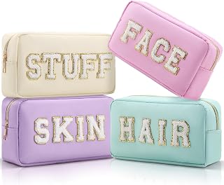 Remerry 4 Pcs Nylon Makeup Bags Waterproof Spacious Travel Cosmetic Bag for Women Chenille Letter Preppy Zipper Pouch Face Stuff Skin Hair Organizer Gift(Dark Green, Light Green, Orange, Yellow)