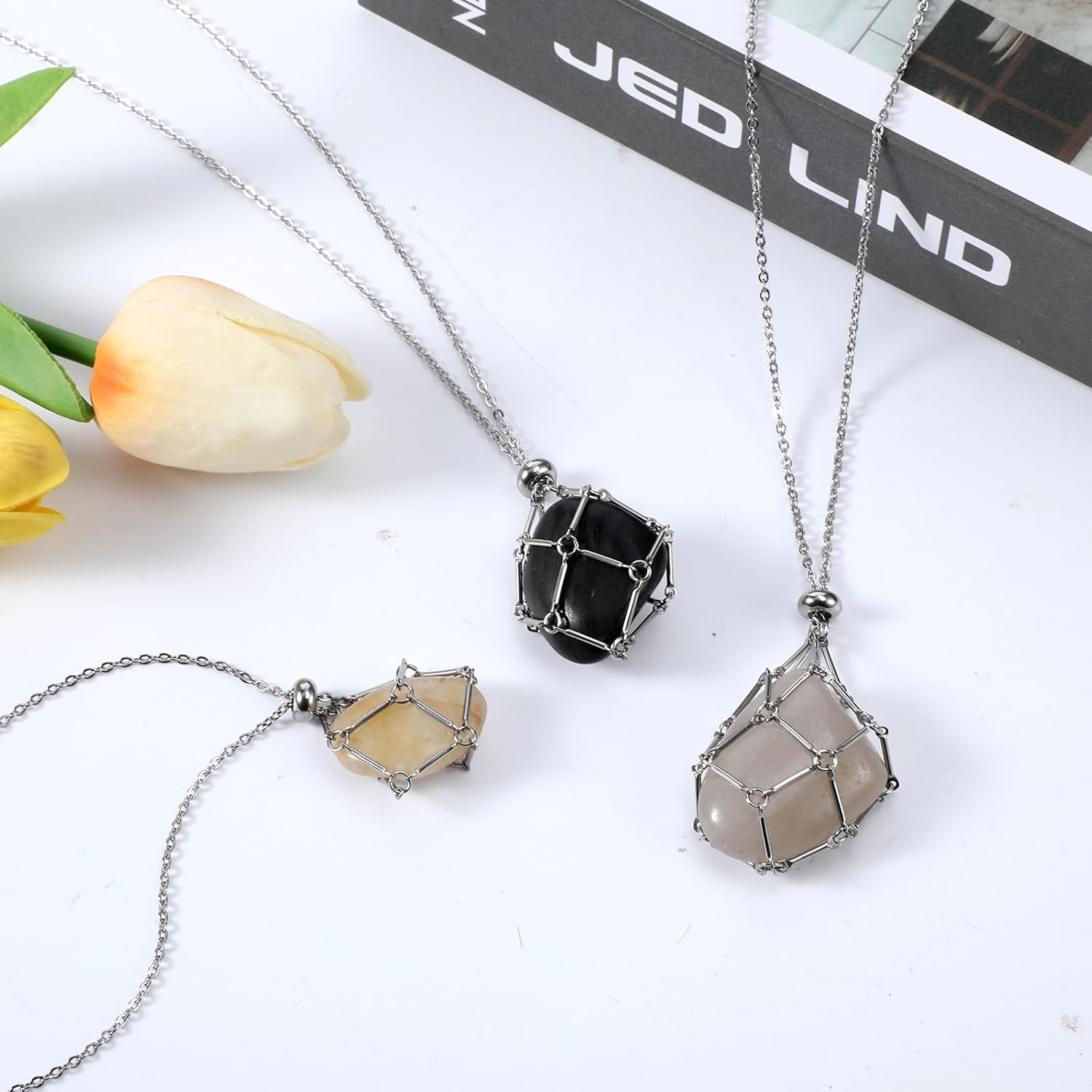 3 Pcs Necklace Cord Crystal Necklace Holder Adjustable Empty Stone Holder Stainless Steel Boho Handmade Cage Fish Netted for Women Men Yoga Meditation DIY Jewelry Making Home Decor - Image 3