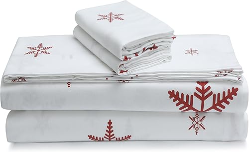 Tribeca Living Juego de sábanas de franela con estampado de copos de nieve 100% algodón, sábanas de franela portuguesa ultra suave, juego de ropa de