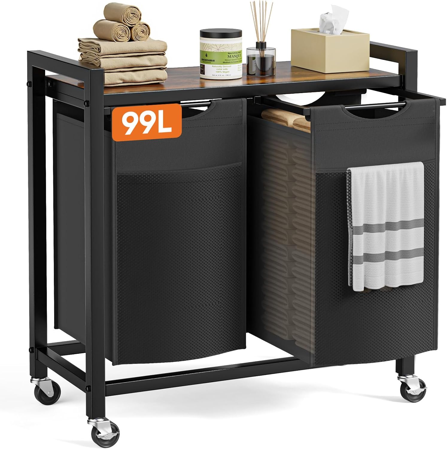 Sweetcrispy Laundry Hamper with 2 Pull-Out Removable Sorter Bags 2 × 13.1Gal (99L) Capacity, Movable Wheels, Freestanding Clothes Basket Organizer in Bathroom, Rustic Brown and Black