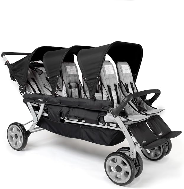 Gaggle by Foundations Jamboree 6 Seat Multi-Child Stroller with Sun Blocking Canopies | Reclining Seats | 5-Point Safety Harness | Compact Fold for Daycares, Parks & Travel | Black