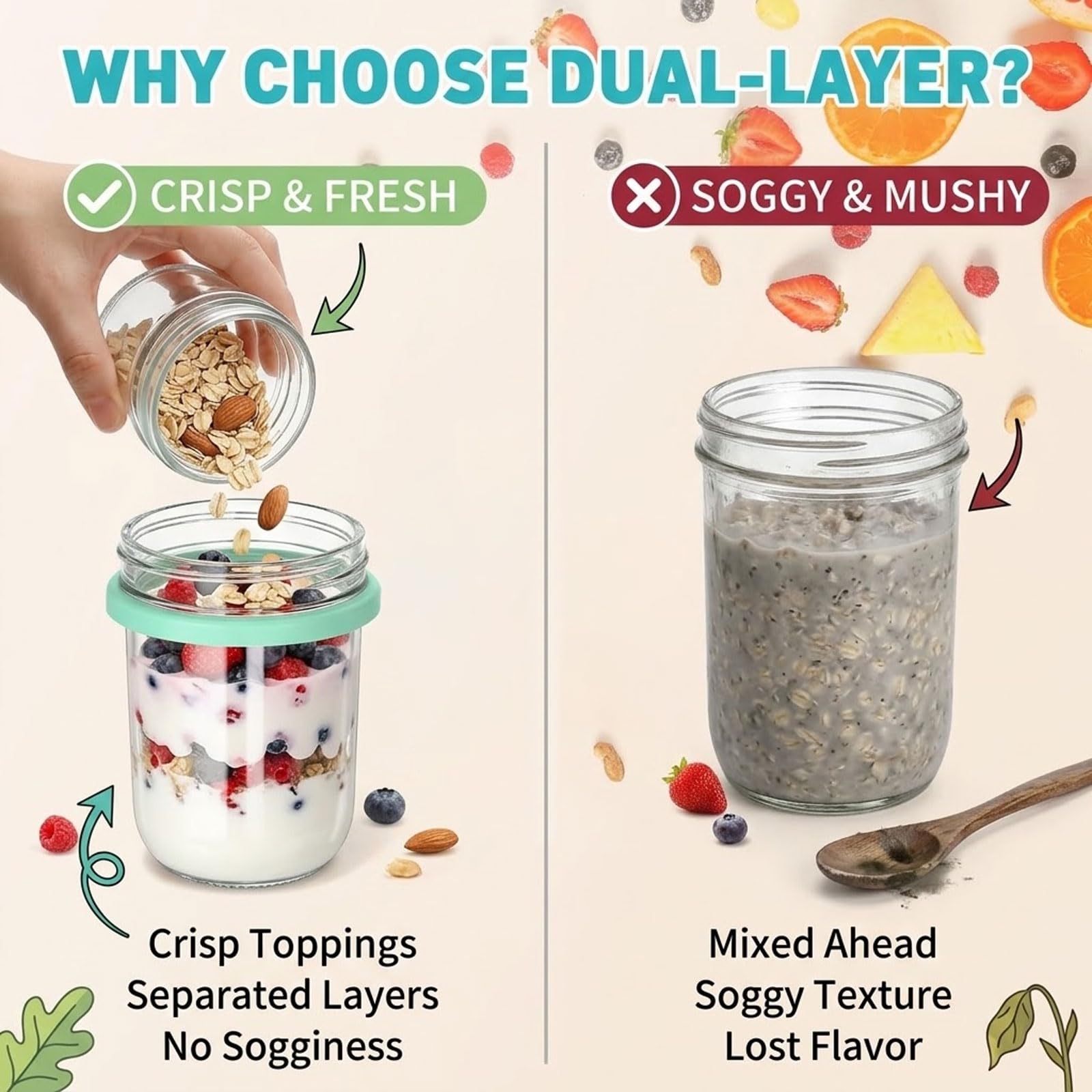 4er Set Overnight Oats Vasos con Tapa y Cuchara – 16oz Envases de Muesli & 4oz Caja de Snack, Vasos de Yogur para Llevar de Vidrio con Doble Cámara, Recipientes de Desayuno para Preparación de