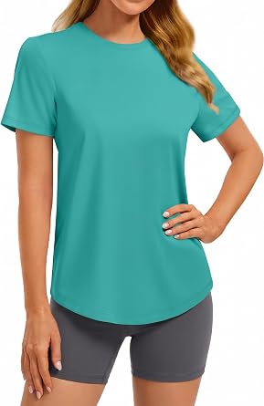 PINSPARK Soft Workout Tops for Women Short Sleeve Crewneck Basic Tee Shirts | UPF 50+,Quick Dry,Moisture-wicking,Regular Fit,Tagless,Hip Length,Curved Hem,Hiking,Running,Gardening,Casual