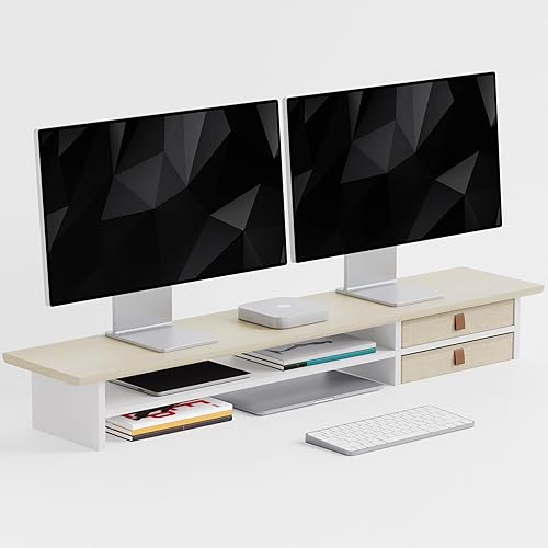 Soporte elevador de doble nivel para monitor con cajones, organizador de escritorio para pantalla de computadora, 2 monitores, soportes para monitor