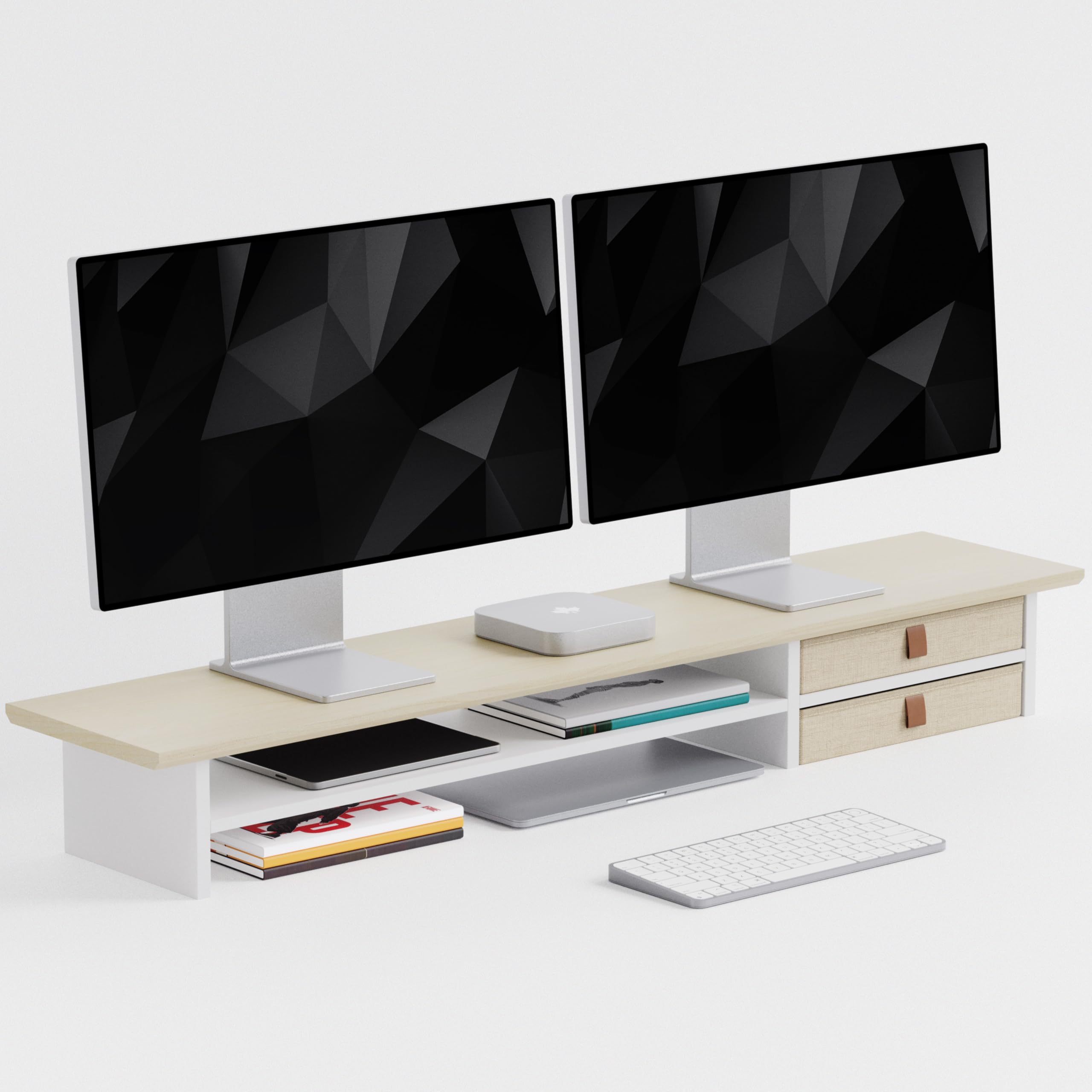 FENSULN Dual‑Tier Monitor Stand Riser with Drawers, Desktop Organizer Shelf Storage for Computer Screen 2 Monitors, Supports for PC Computer Monitor, Printer, Heavy TV Riser Beige and White