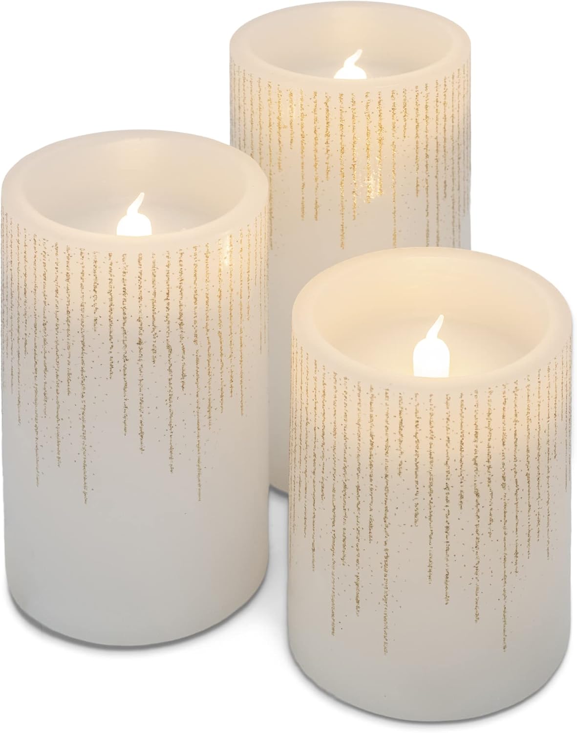 Elanze Designs Raindrop Gold Tone Glitter 6 inch Wax LED Flameless Pillar Candles Set of 3