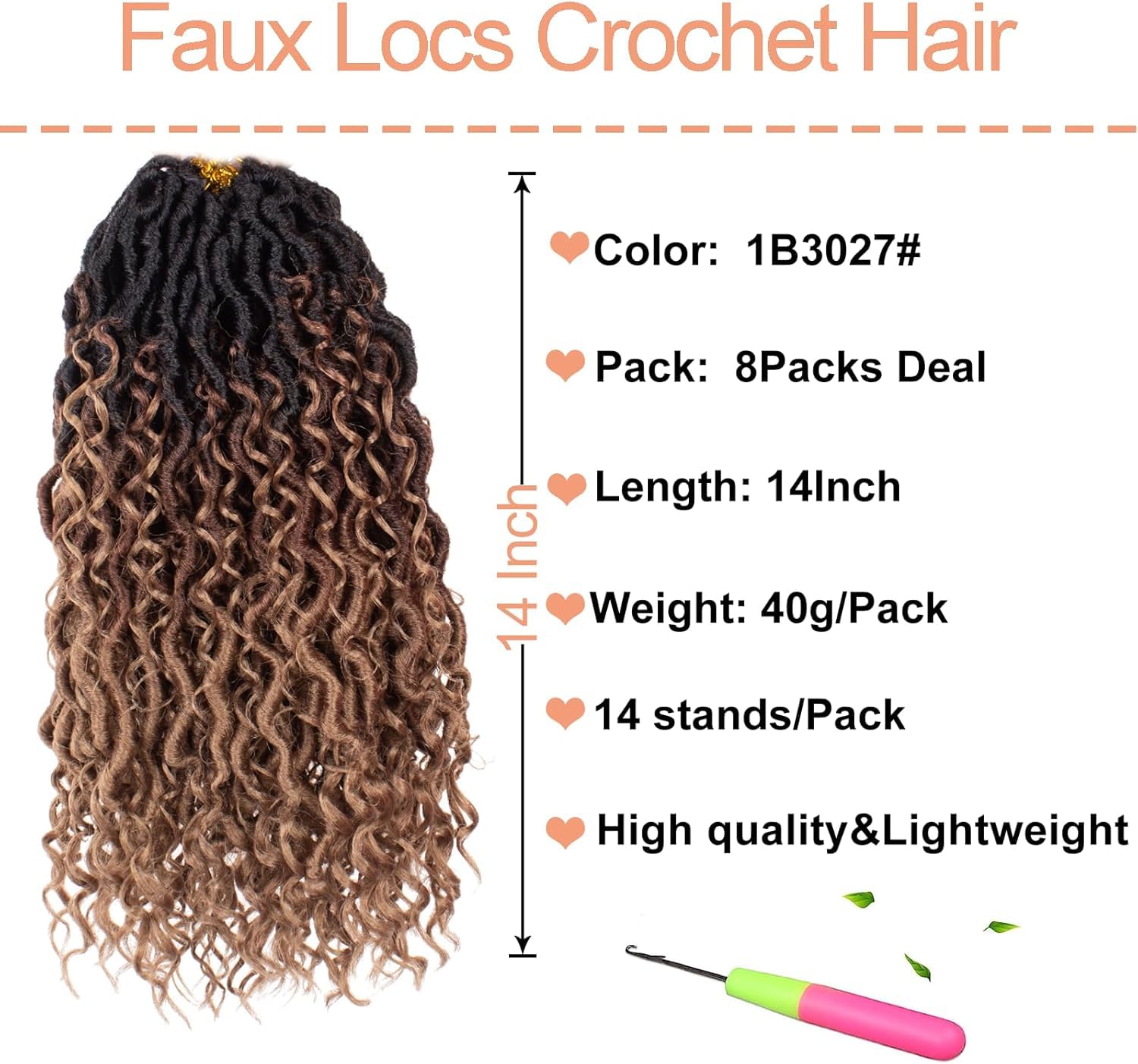 Mscat 8 Packs Ombre Bohemian Locs Crochet Hair 14 Inch River Locs 3Tone Faux Locs Crochet Braids Pre Looped Short Soft Locs with Curly Ends River Locs Hair Extensions (14Strands/Pack 1B3027#) - Image 2