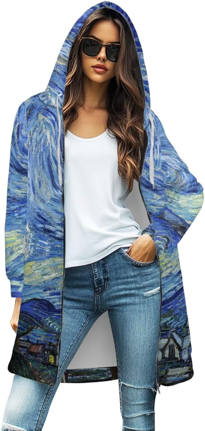 Women's Hooded Cardigan Sweaters Zipper Long Coatigan Jackets with Pockets Mid-Length Hooded Sweatshirt