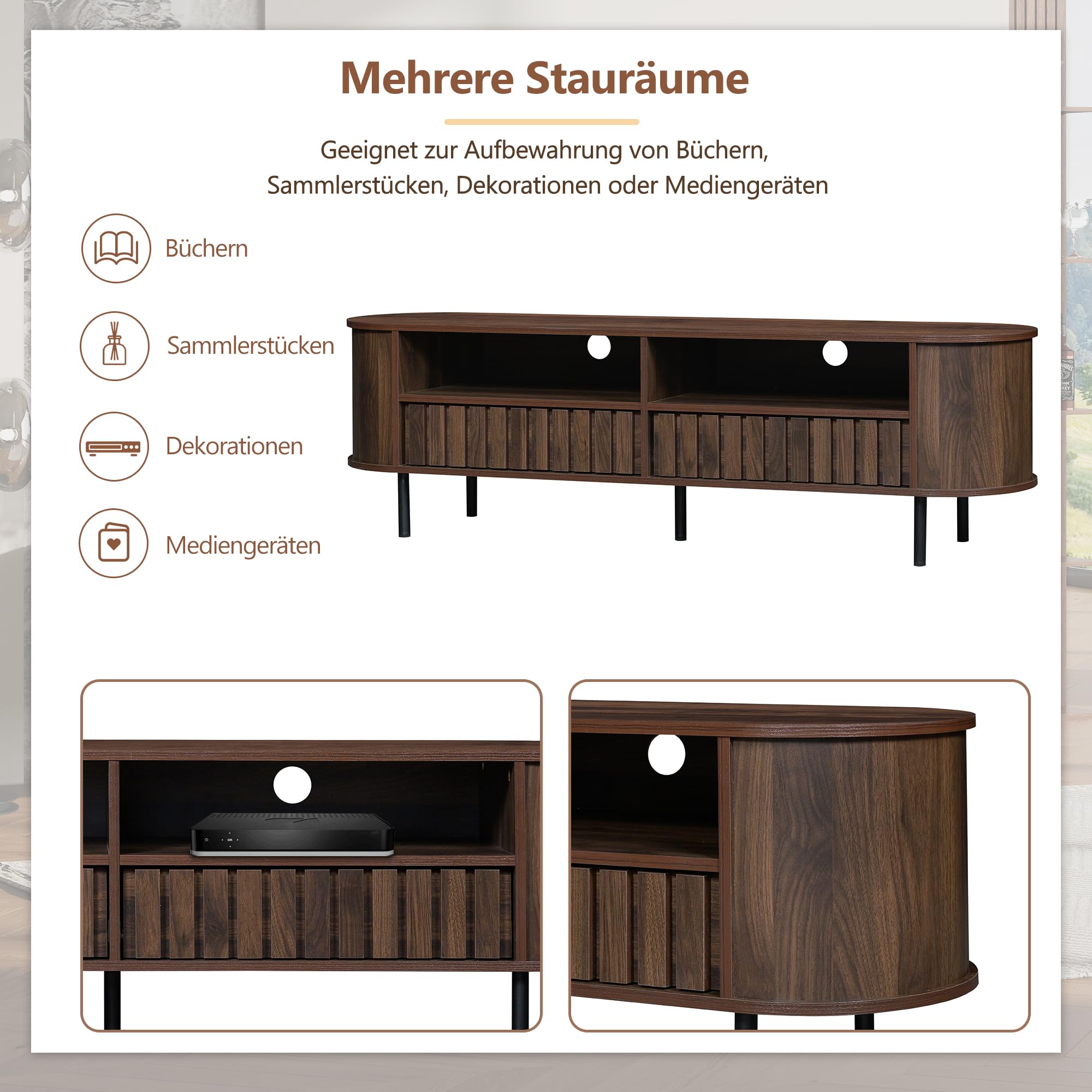 Fernsehschrank für 65 Zoll TV, Lowboard mit Schubladen & 5 Metallbeinen, Wohnzimmermöbel in Walnuss-Optik mit Stauraum, 160 x 40 cm, MDF, modern & stabil