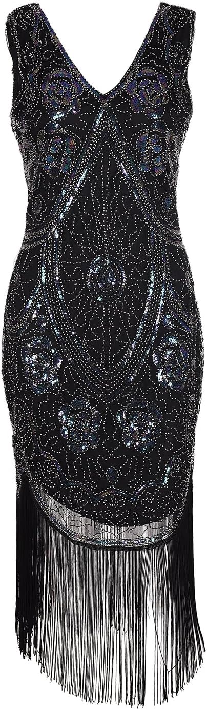 Sleeveless V Neck Sequin Rose Dress Great Gatsby Dress - Fringe Art Deco Dress