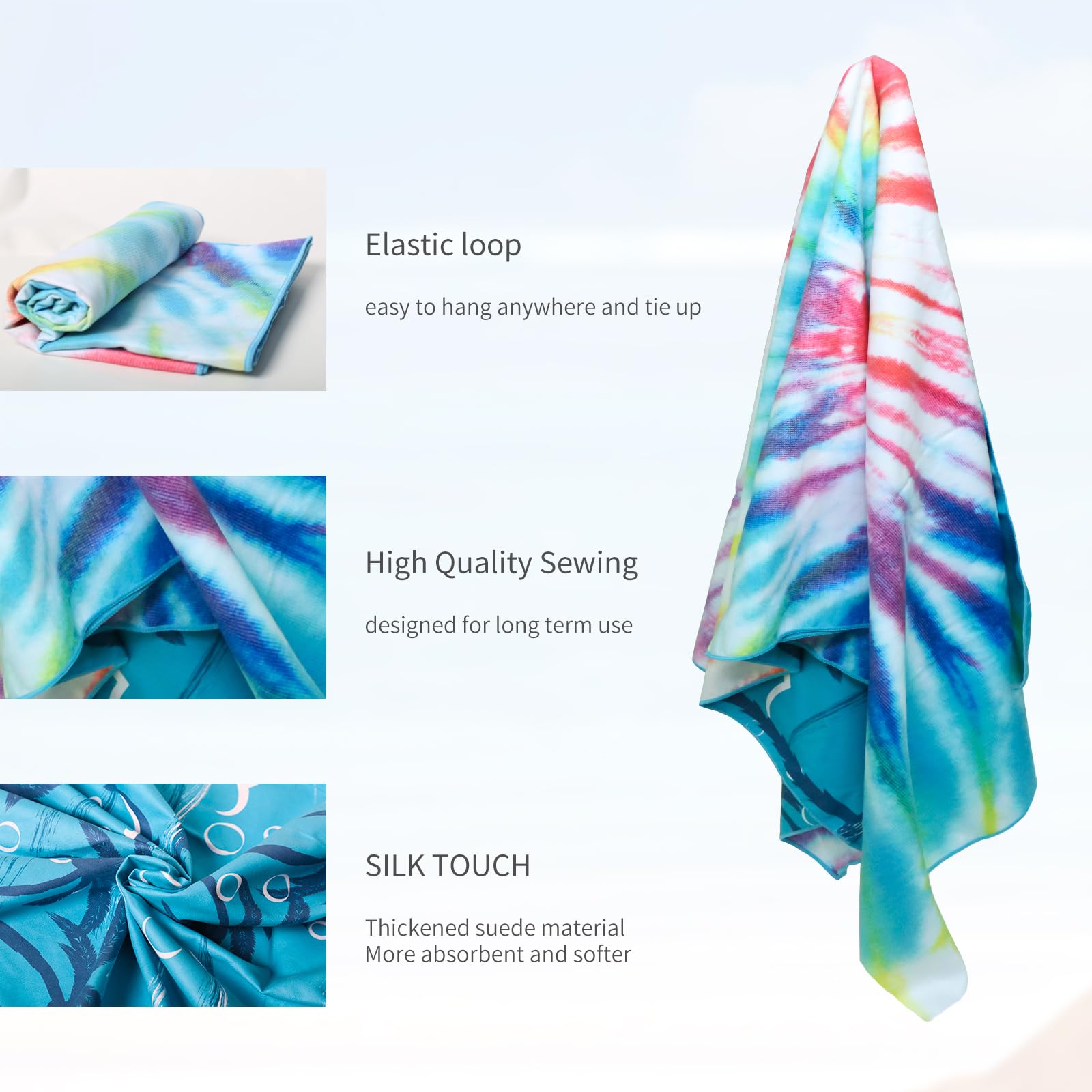 Vorvowry Microfibre Beach Towels for Adults Women Men Extra Large Lightweight Quick Dry Sand Free Travel Towel Double Sided Printing for Swim Sports with Mesh Bag 80×180cm Colorful 1 Pack - Image 4
