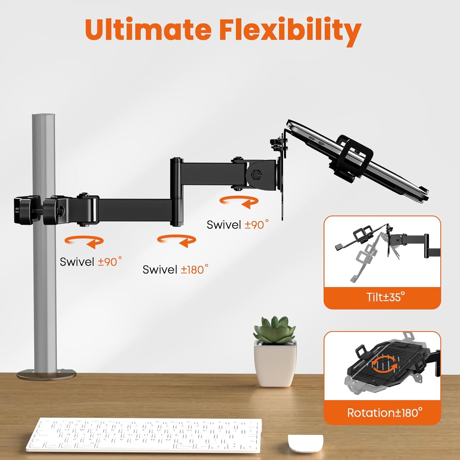 PUTORSEN Laptop Pole Mount Tray – Universal Full Motion Arm Holder with Removable 75mm & 100mm VESA Plate, Fits 12–18 Inch, Black