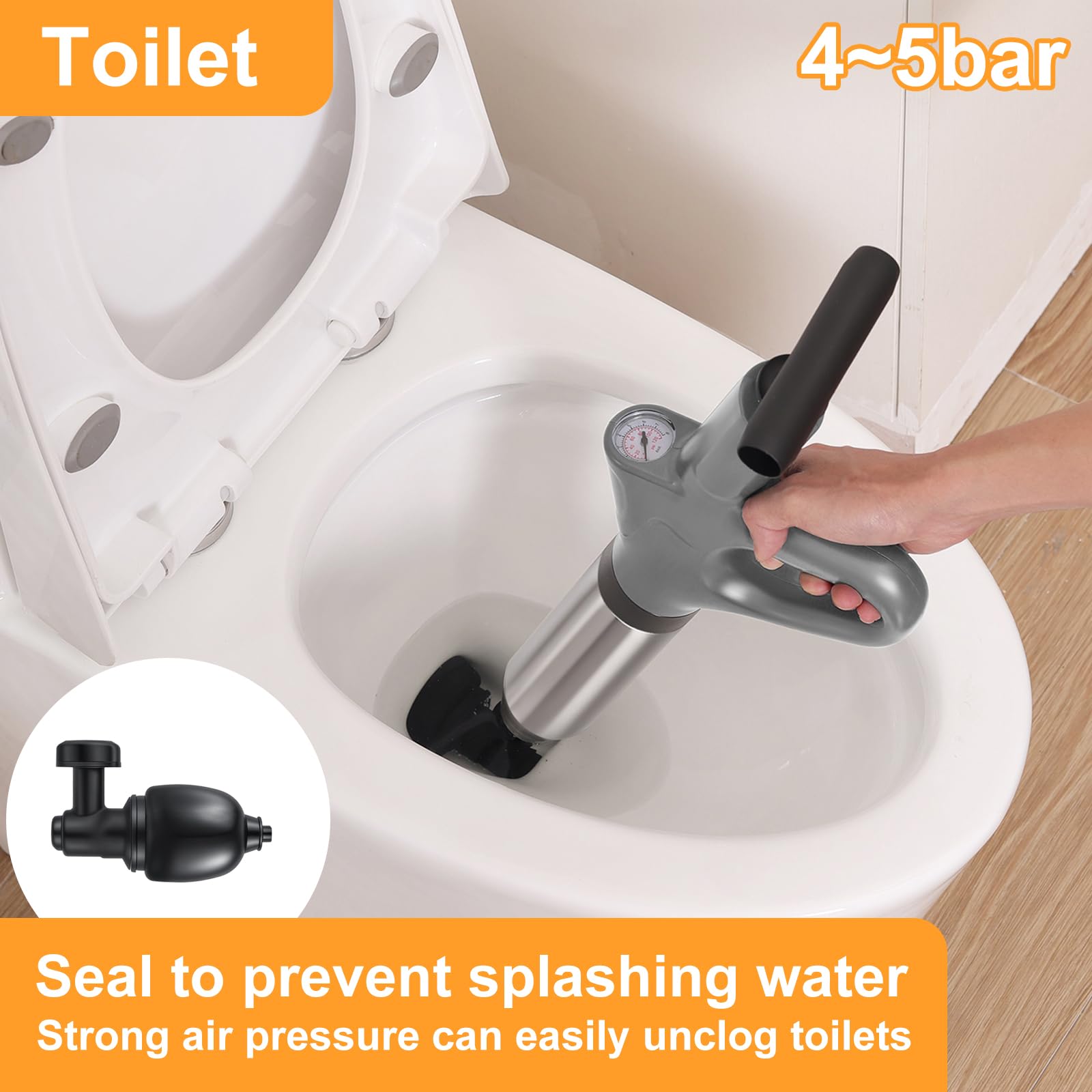Toilet Plunger, Sink Unblocker with Barometer, Toilet Plunger with Four Different Suction Cups, Suitable for Bathrooms Toilets, Sinks - Image 3
