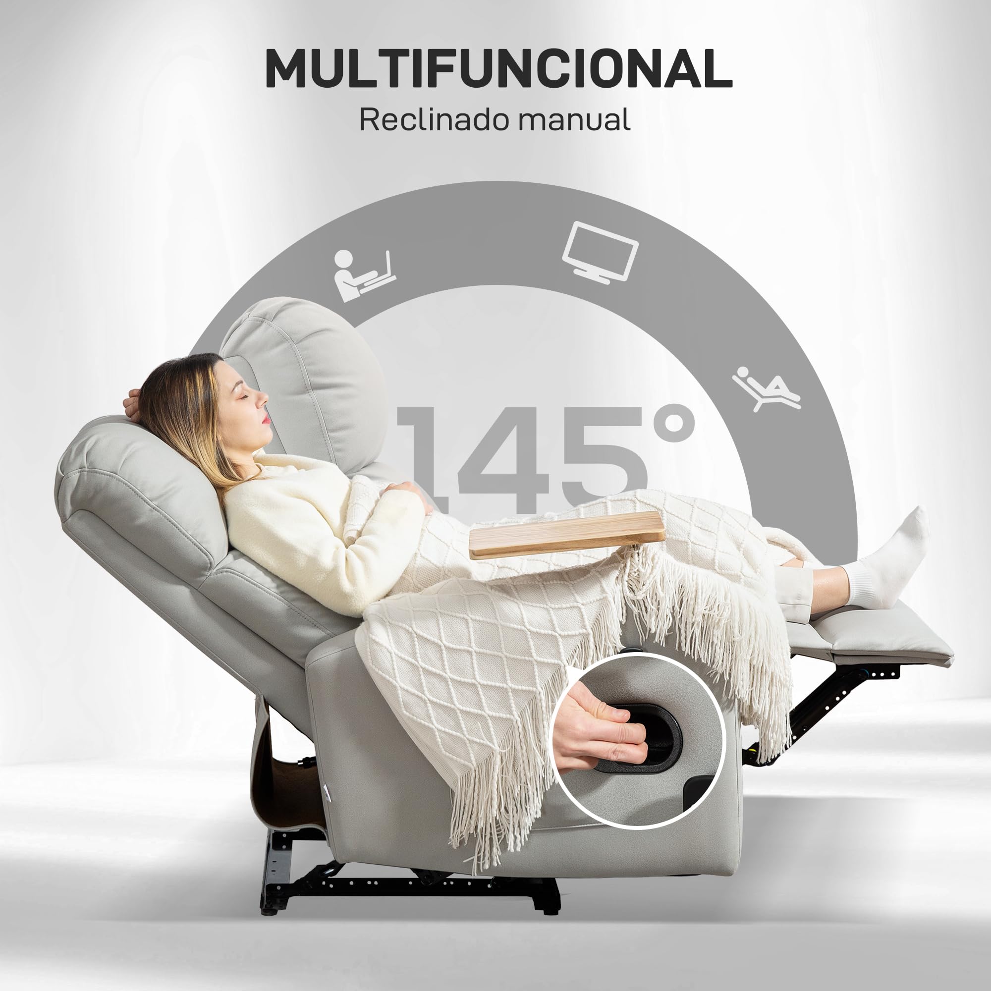 HOMCOM Sillón de Masaje con 8 Puntos de Masaje Sillón Relax Eléctrico Sofá Relax con 4 Modos Reclinación 145° Mando a Distancia Mesita 2 Bolsillos Laterales y Posavasos 77x93x105 cm Gris Claro