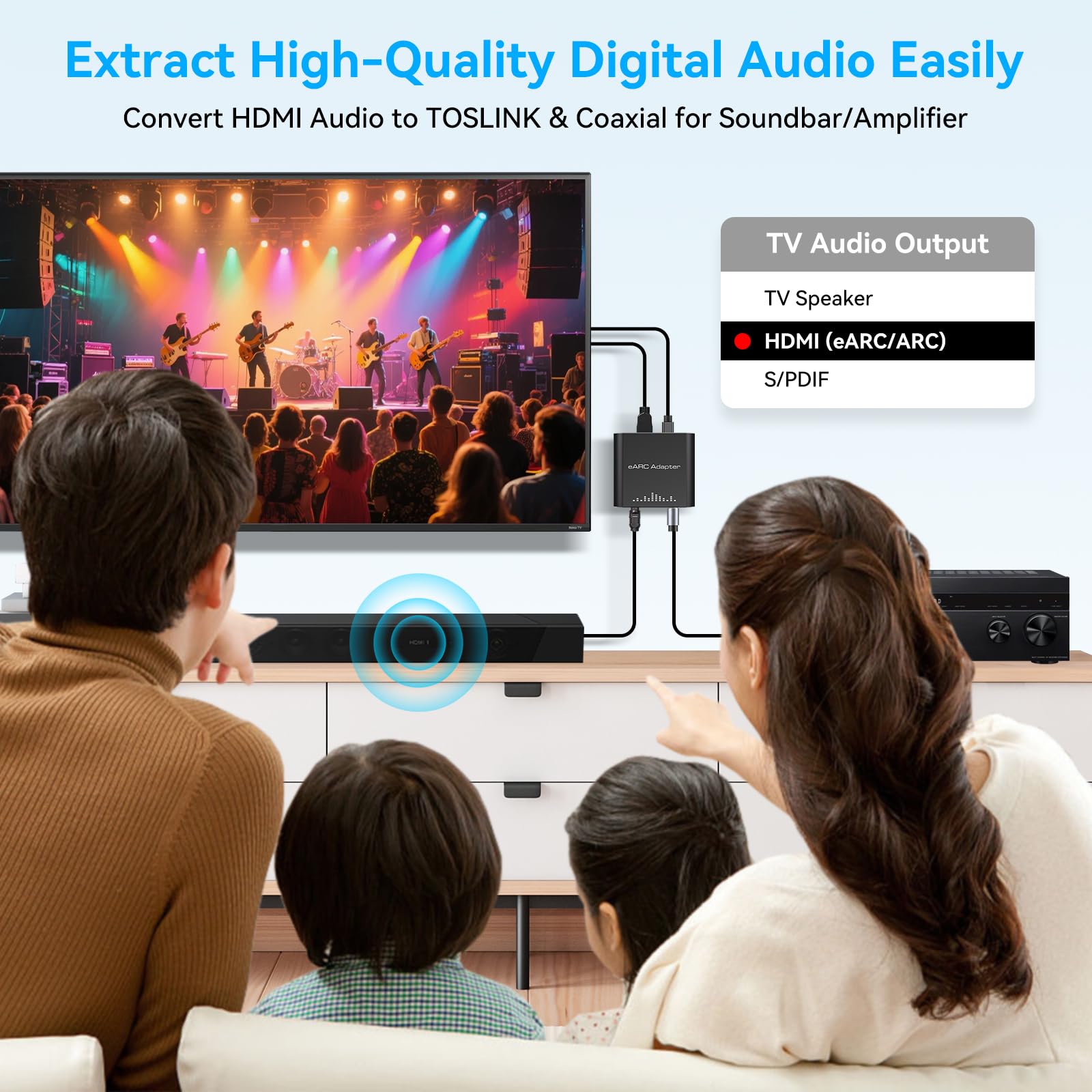 VPFET Adaptador de audio HDMI eARC solo funciona para HDTV ARC/eARC, convertidor extractor de audio, compatible con HDTV audio transmitido a través de Toslink + puertos coaxiales para barras de sonido