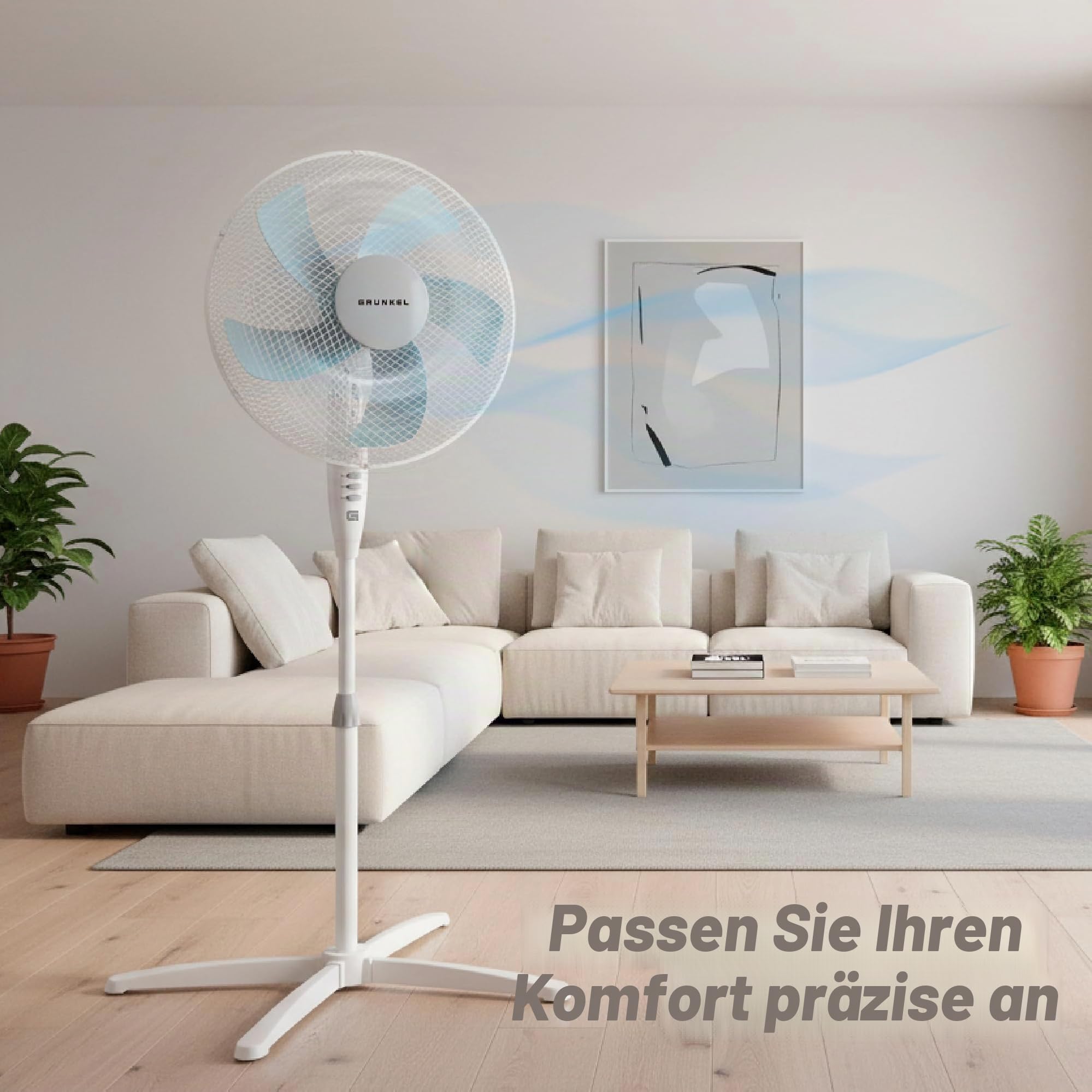 Grunkel - 16" Standventilator mit 3 Geschwindigkeitsstufen und Höhenverstellung - FAN-G165X - Blattfuß mit 62 cm Durchmesser und 3 halbtransparenten Flügeln - 50 W - Weiß
