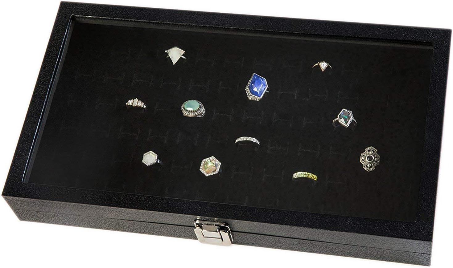 Huji Glass Top Ring Display Showcase With Velvet Insert Liner Jewelry Organizer (1, 72 Slot Case)