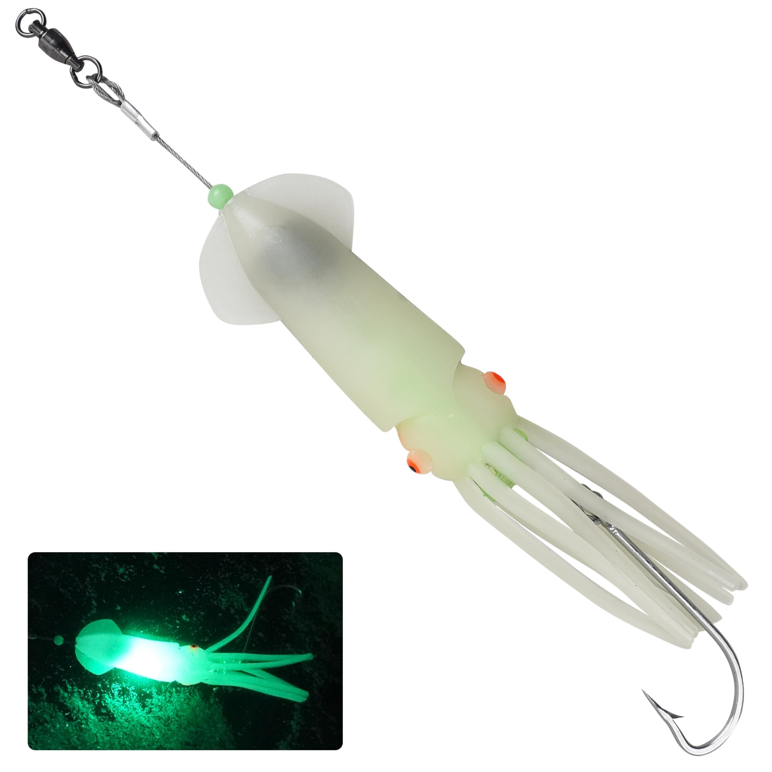 Saltwater Squid Fishing Lures, LED Fishing Bait Lighted Glow Squid Lure Jigs Soft Trolling Lure Deep Drop Flashing Lights Offshore Lures for Halibut Lingcod Mackerel Tuna Striper
