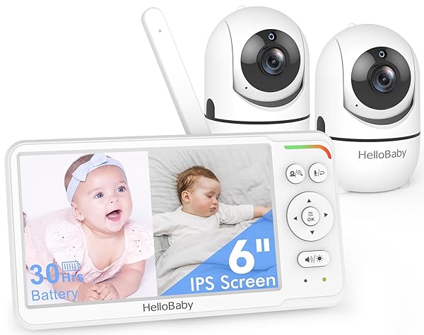 HelloBaby Baby Monitor with 2 Cameras, World First 6" IPS Split Screen, Double Cameras No WiFi, 30H Battery, 2-Way Audio, Pan-Tilt-Zoom, VOX Mode, Night Vision, 8 Lullabies, 1000ft Range