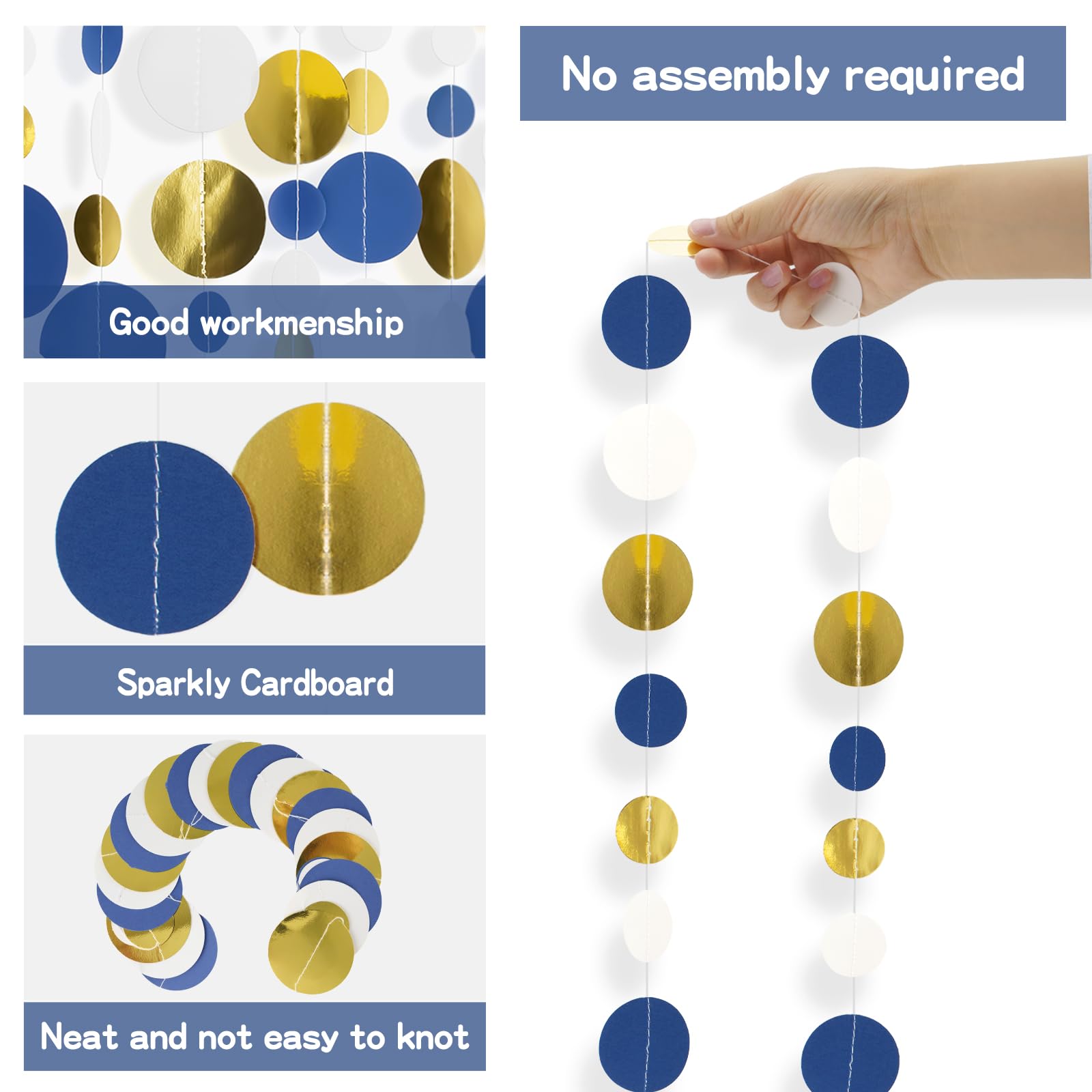 G2PLUS Gold Blue White Reflective Paper Garland, 16M Mirror Circle Dots Garlands, Polka Dots Sparkling Hanging Streamer - Image 4