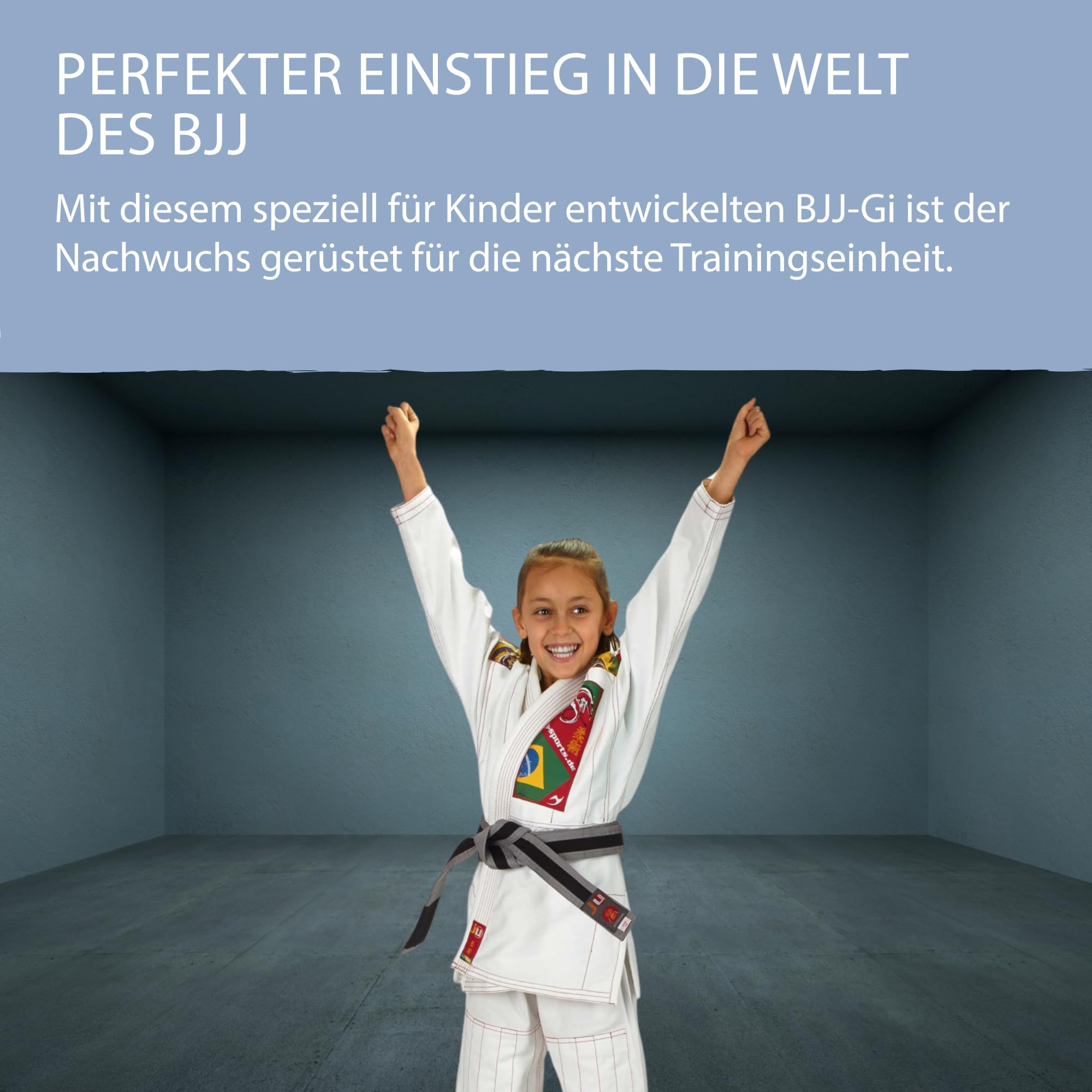 Ju-Sports BJJ Gi Kids Weiß I Leichter, schlanker Brazilian Jiu Jitsu Anzug speziell für Kinder, BJJ Gi im bunten Design inkl. weißem Gurt, 100% Baumwolle