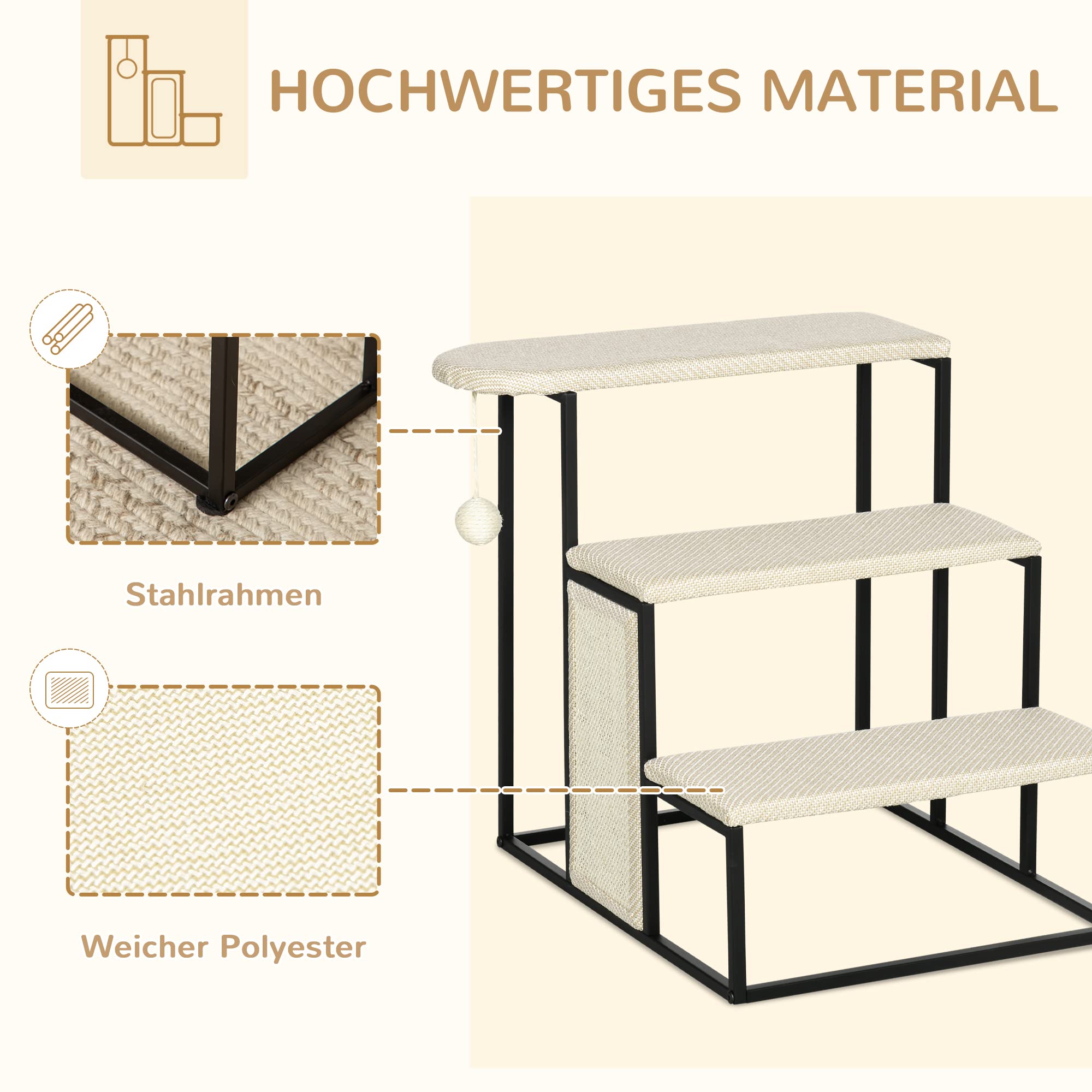 PawHut Hundetreppe 3 Stufen 53 cm Hoch Haustiertreppe für Katzen bis zu 6 kg Katzentreppe Hunderampe Einstiegshilfe für Bett, Sofa, Couch und Auto Cremeweiß+Schwarz