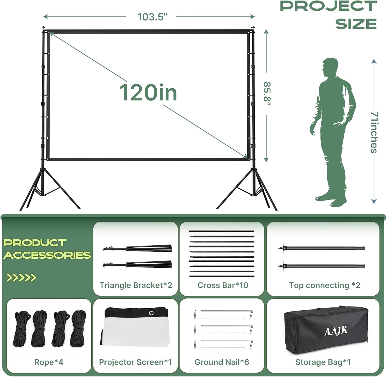 AAJK 120in Outdoor Projector Screen with Stand,Portable 16:9 4K HD Indoor Outdoor Projection Screen with Wrinkle-Free Design, Ideal for Home Theater and Backyard Cinema – Includes Carry Bag