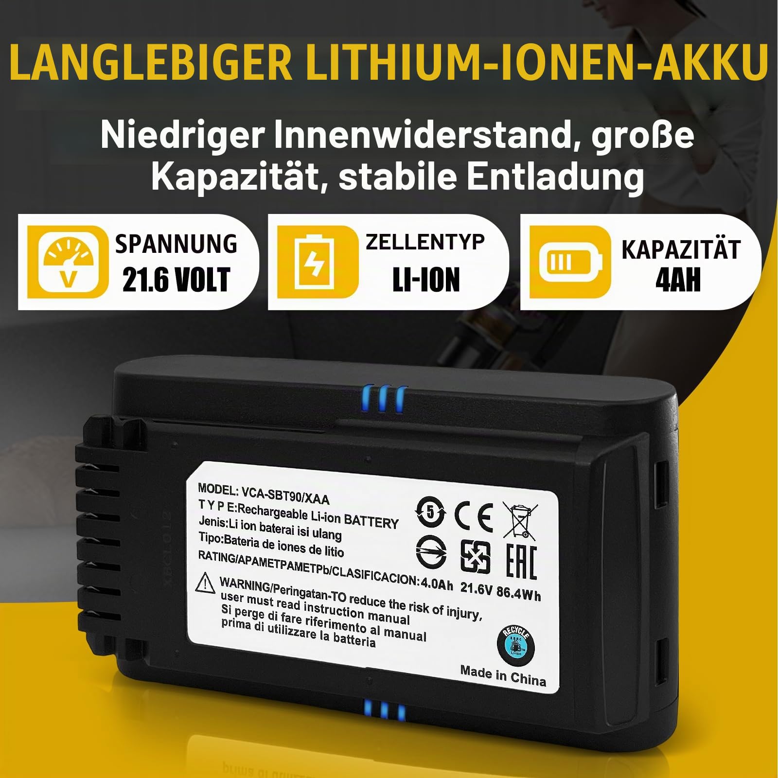 4.0Ah Akku für Samsung VCA-SBTA60 VCA-SBT90 VCA-SBT90EB, Kompatibel mit Samsung JET60 JET65 JET70 JET75 JET90 kabellosen Staubsauger. Nicht die Staubsauger der Serien Jet 85 JET95 und Jet Bespoke