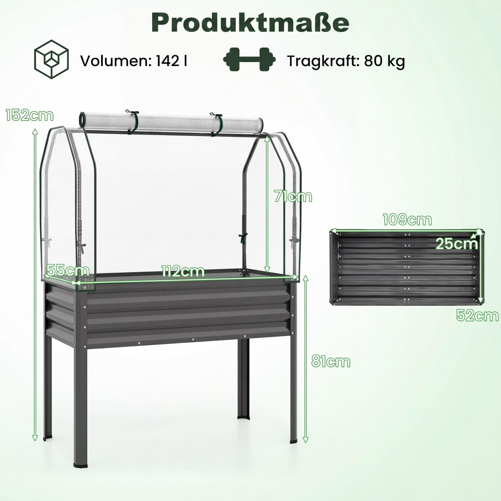 COSTWAY 3 in 1 Hochbeet mit PE-Abdeckung, erhöhtes Gartenbeet aus verzinktem Metall, Gewächshaus mit rollbarer Tür, Pflanzbeet Kräuterbeet für Garten Balkon Terrasse, 112 x 55 x 152 cm (Grau)