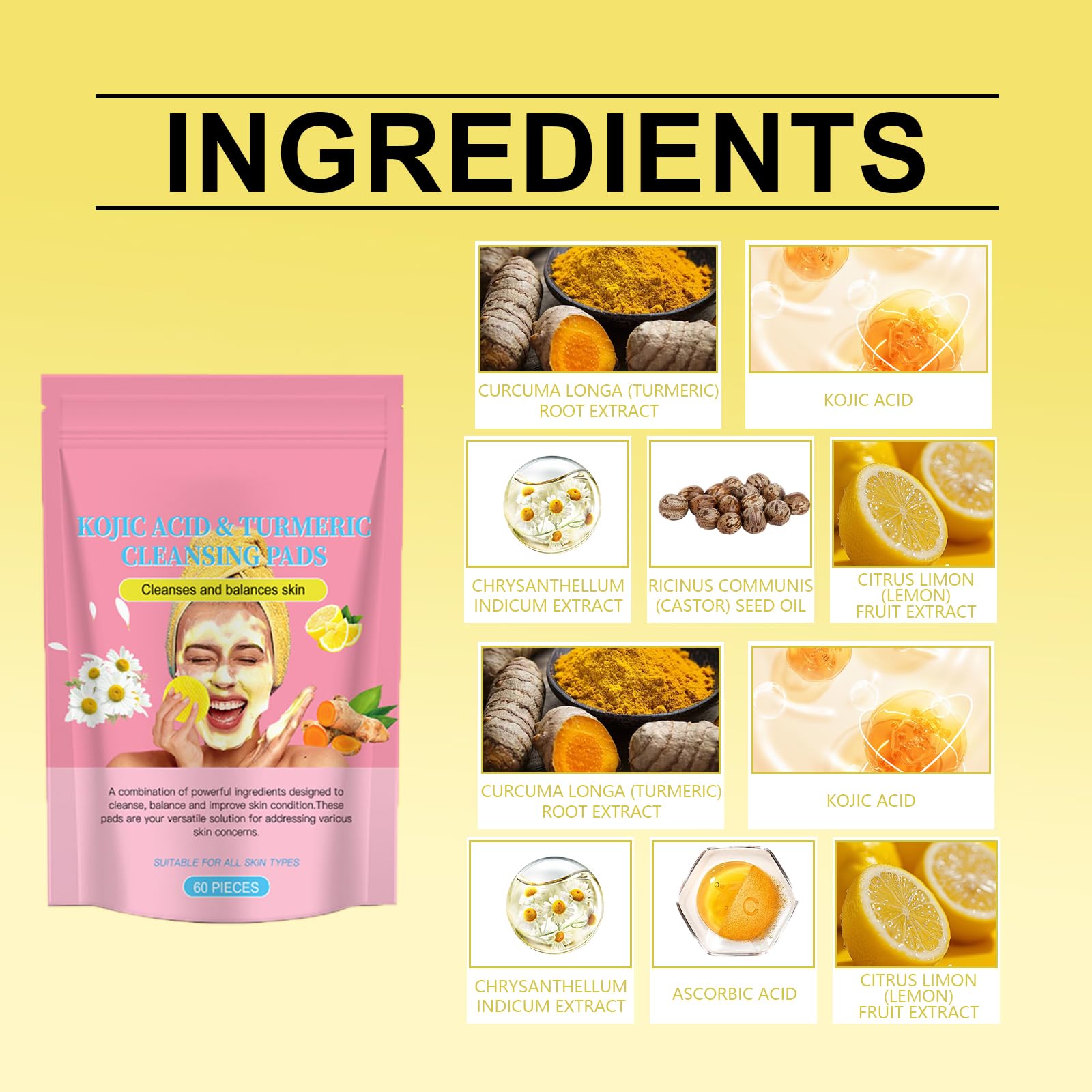 Tampons Nettoyants au Curcuma pour Le Visage,Kojic Acid Pads,Turmeric Kojic Acid Pads,Curcuma Kojic Acid Cleansing Pad,Curcuma Exfoliants Pad,Curcuma Éponge Nettoyante Pour Visage,60 Pièces