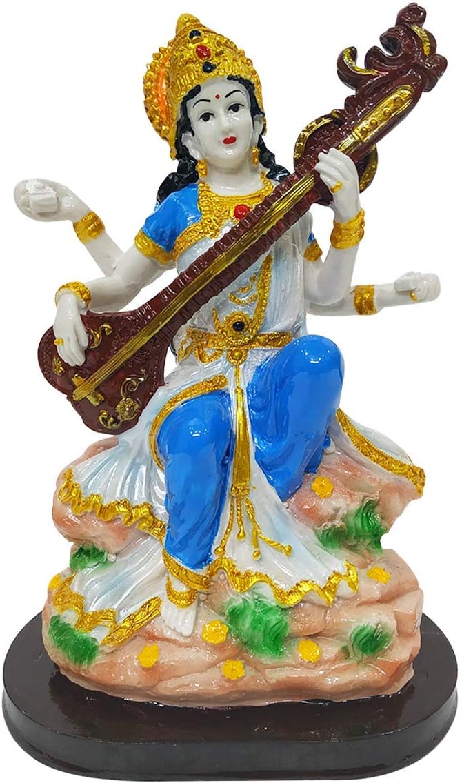 Marble Look Goddess Maa Saraswati Statue Study Devi Handicraft Decorative Spiritual Showpiece Figurine Idol (Blue) (22 cm)