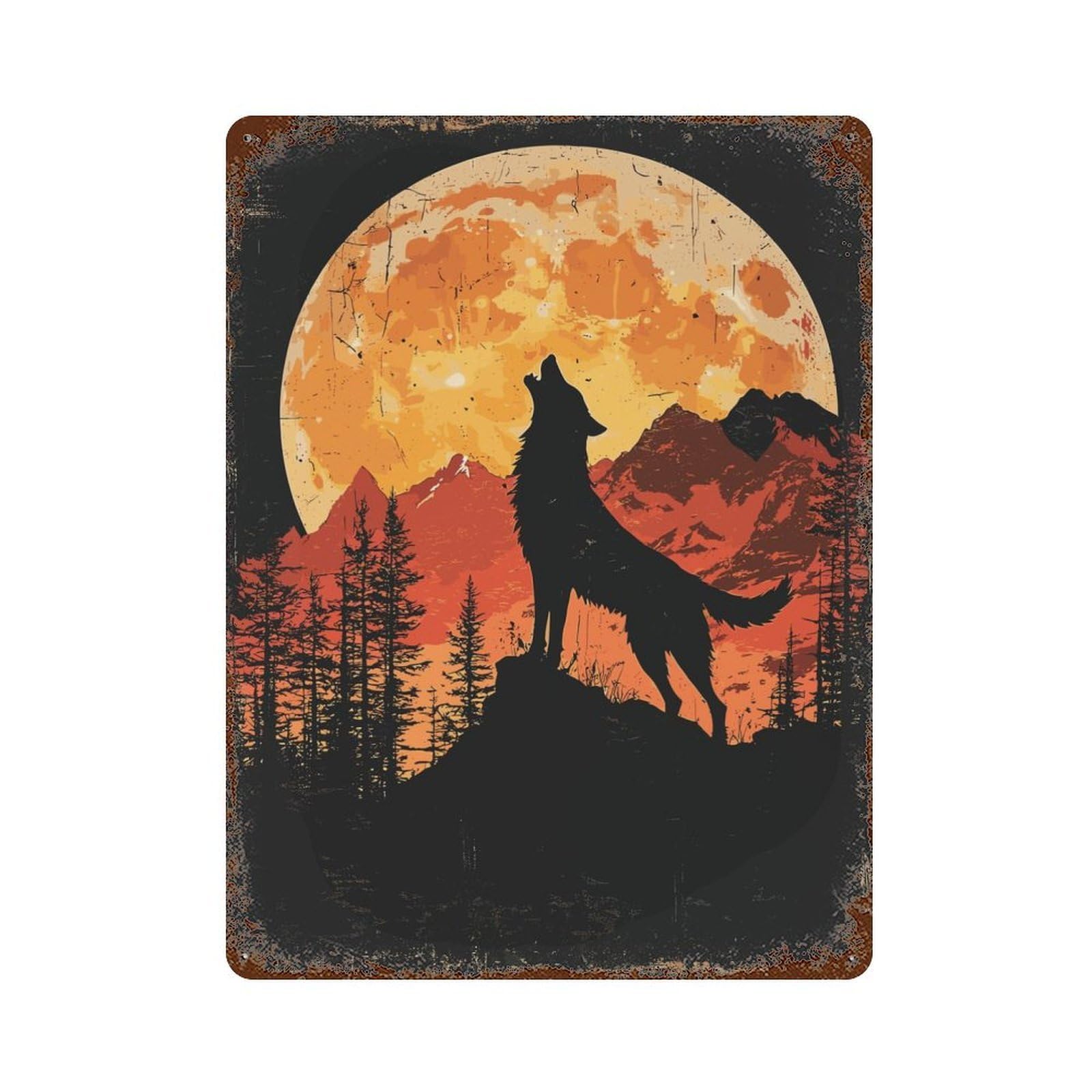 Vintage Rust Metal Sign Wolf Howling at The Moon 15.7"x11.8", Shabby Chic Decor for Cafe, Home Bar And Lounge Decor