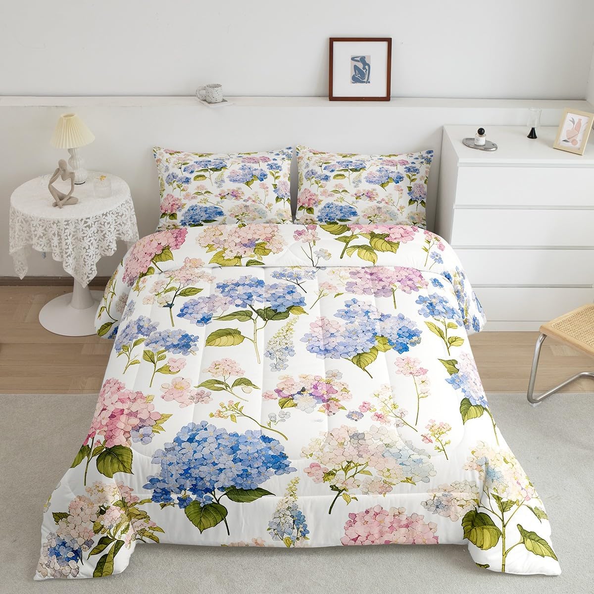 Feelyou Hydrangea Comforter Set Queen Size Kids Hydrangea Floral Comforter for Boys Teens Garden Flowers Bedding Set Natural Theme Pink Blue Duvet Set Room Decor Quilt Set