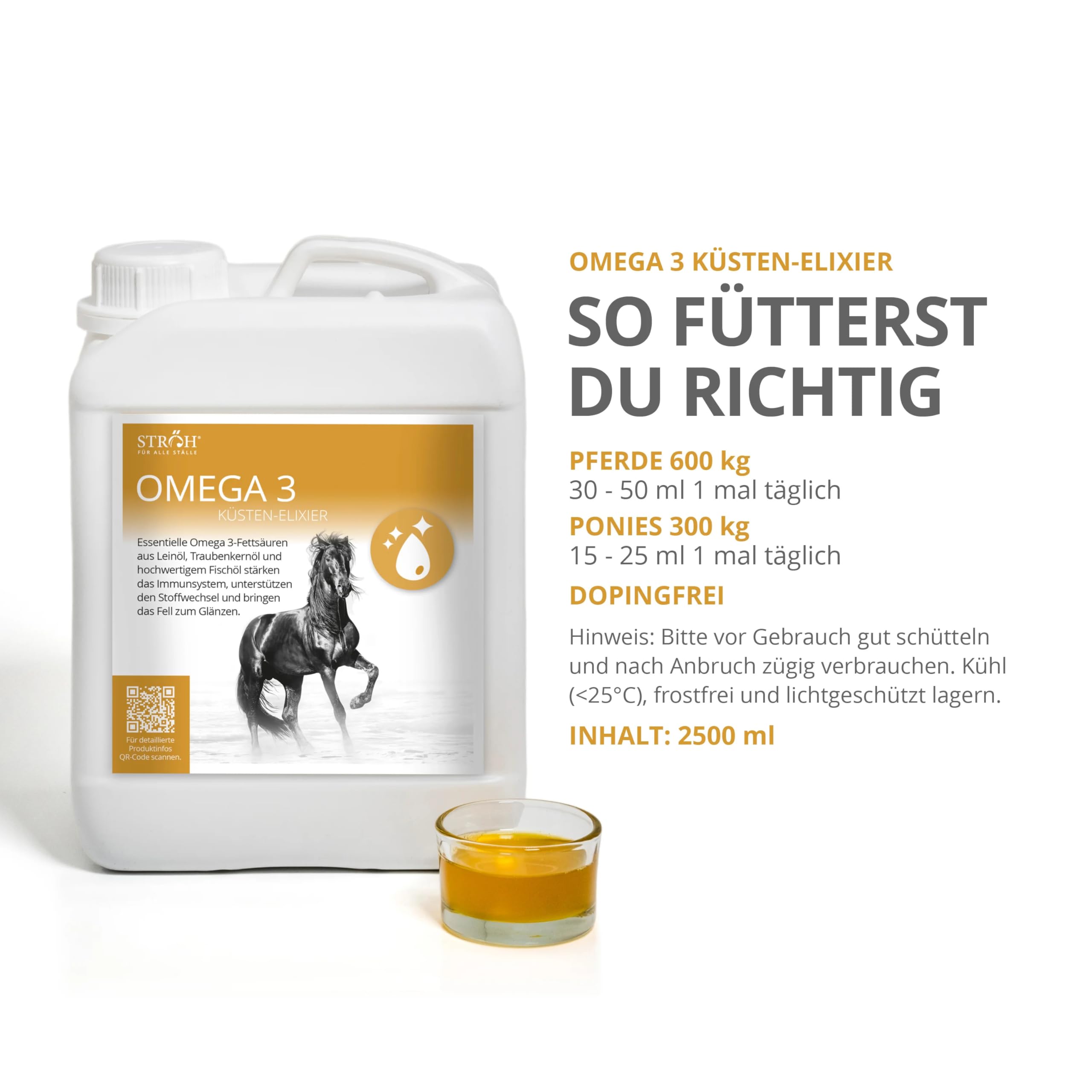STRÖH Omega 3" Öl (2,5 L Kanister) für Pferde • Omega Fettsäuren aus Leinöl, Traubenkernöl & Fischöl
