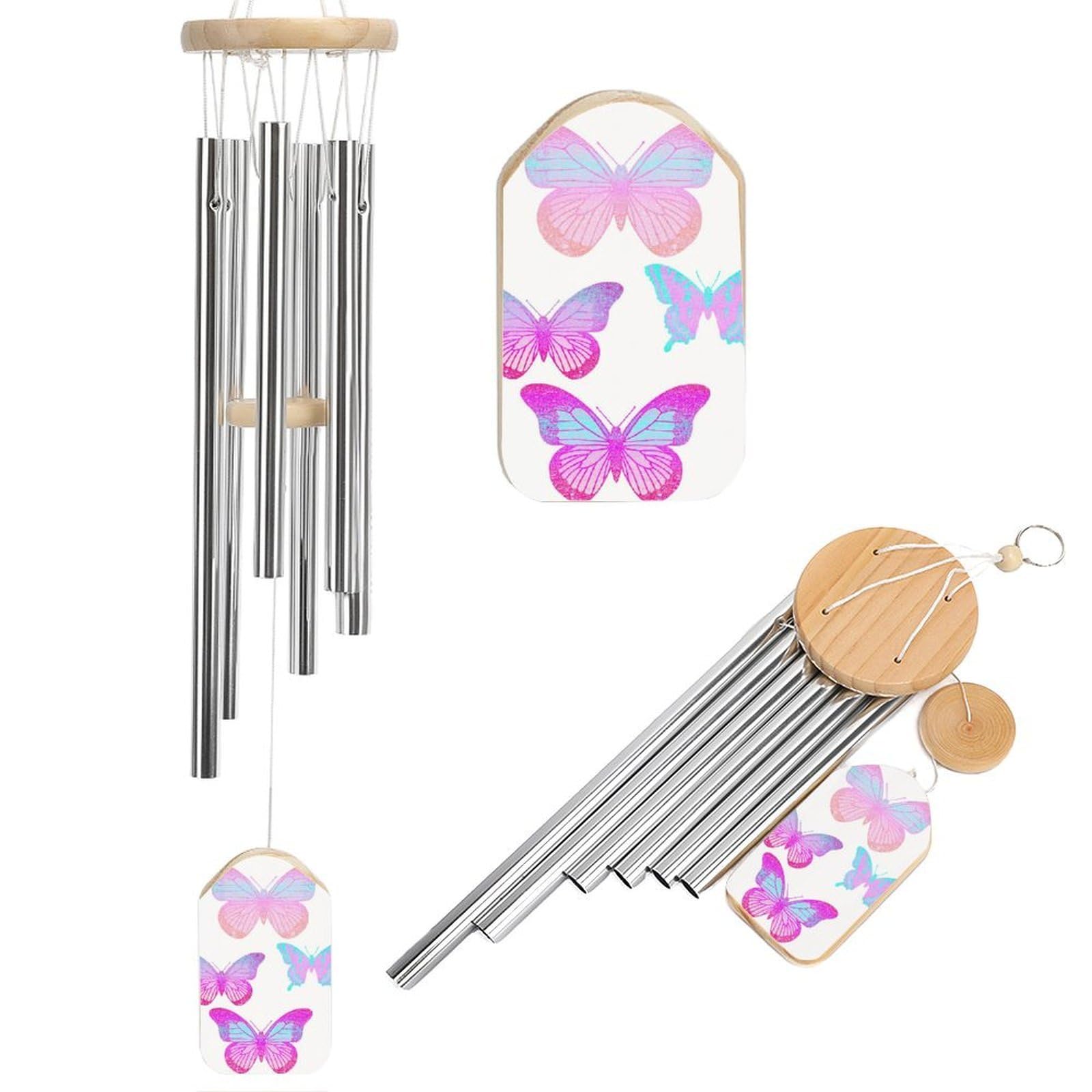 Pink Butterflies Grainy Effect Wind Chimes Memorial Deep Tone Windchime with 6 Aluminum Tubes Outdoor Backyard Garden Decoration