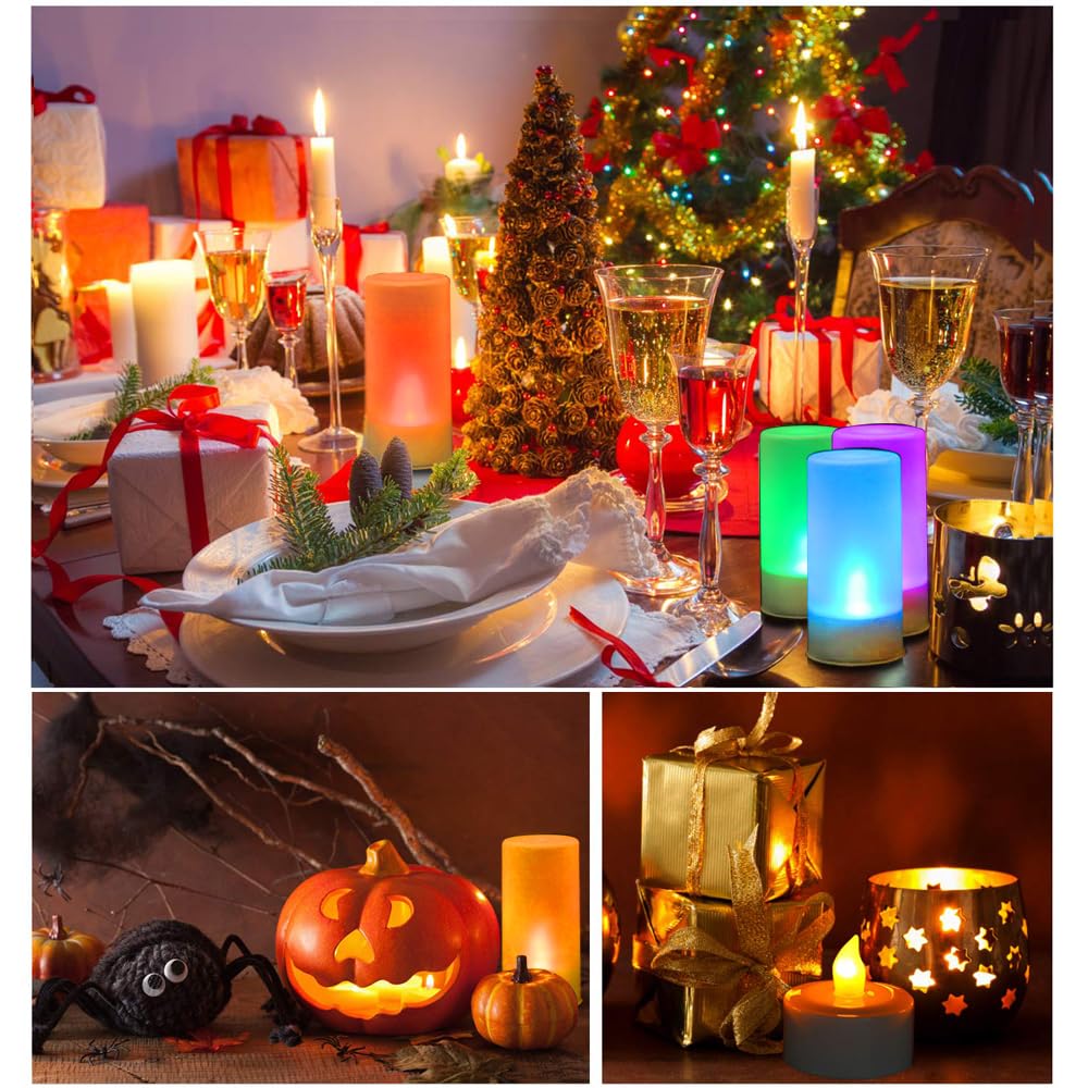 QSPORTPEAK Candele LED con telecomando, tealight senza fiamma, tremolante come le candele reali, candele ricaricabili con stazione di ricarica, per Natale, Halloween, matrimonio, multicolore, 12 pz