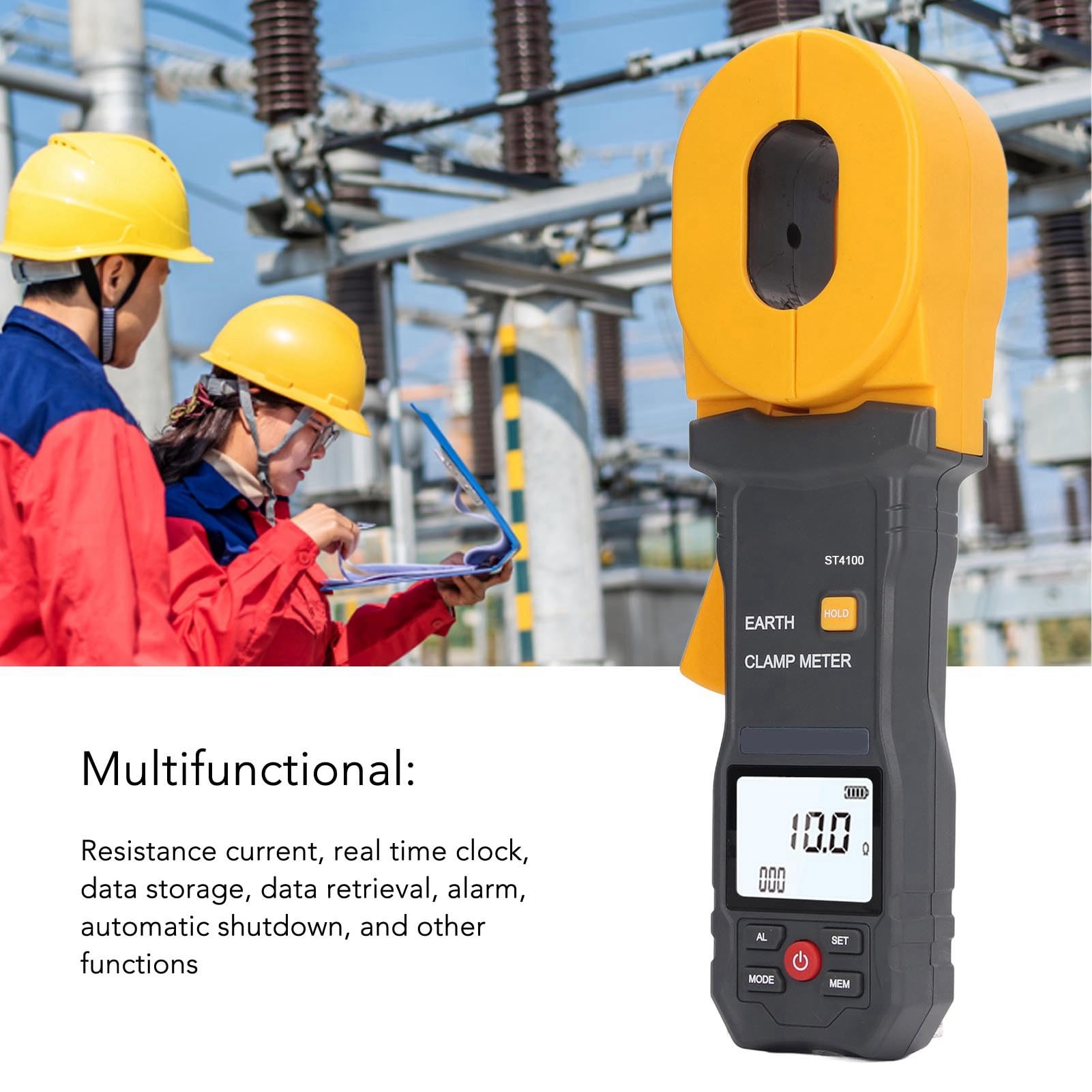 Gugxiom Digitales Zangenmessgerät Erdungswiderstandsmessgerät 55 X 32 Mm, ST4100 LCD-Klemme Erdungstester Widerstandsauflösung 0,001 Ω 0,01 MA, Automatische Abschaltung (ohne