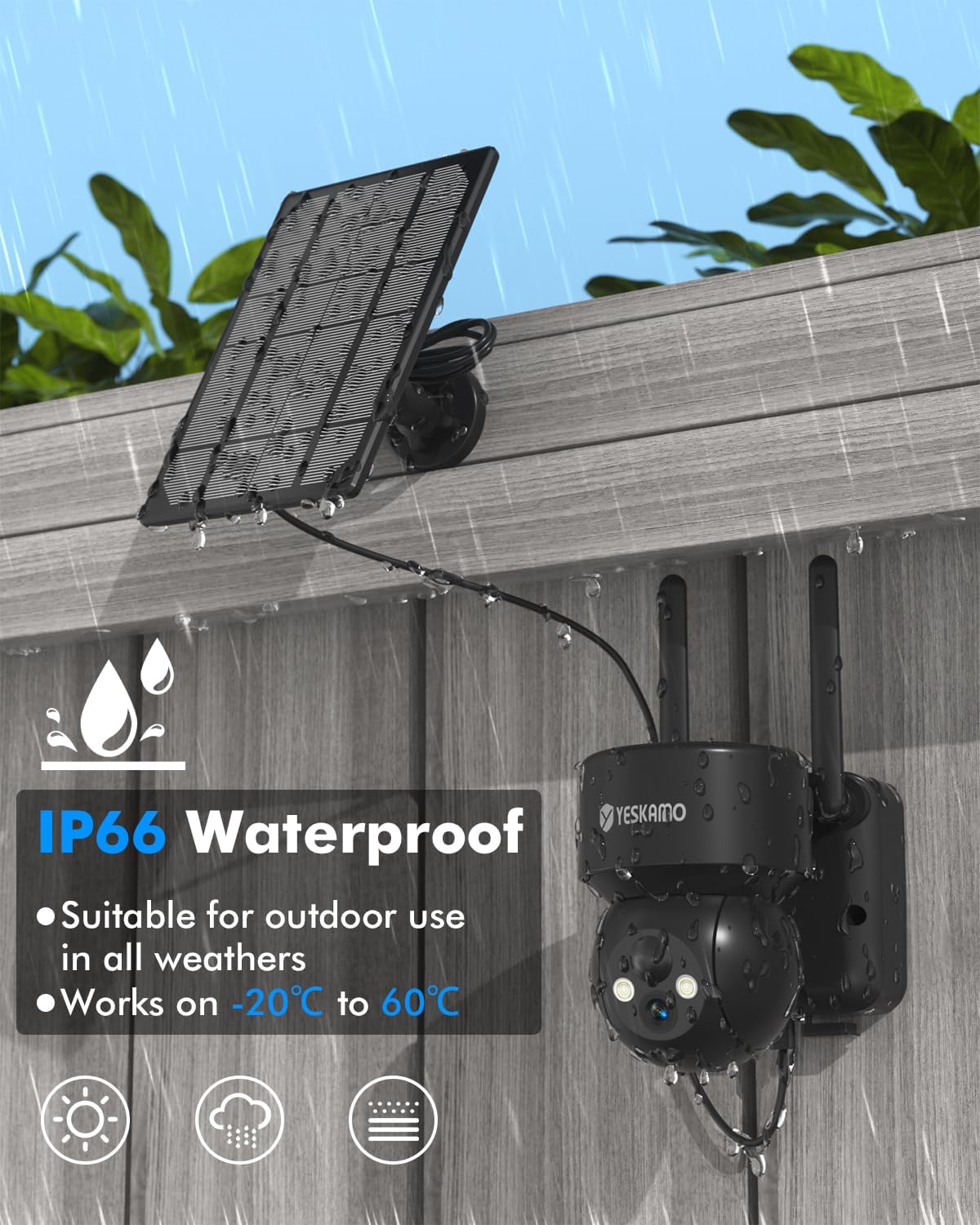 YESKAMO DQ201 camera demonstrating IP66 waterproof rating