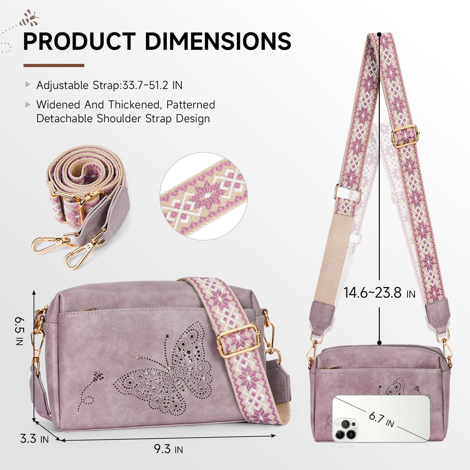 Crossbody Bags for Women, Vegan Leather Small Crossbody Purse Butterfly Shoulder Handbags with Wide Strap - Image 6
