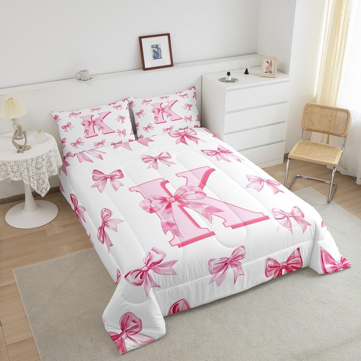 Erosebridal Initial Letter K Bow Bedding Set for Kids Girls Teen Women,Pink Girly Bowknot Bedding Comforter Sets Twin Cute Fantasy Princess Comforter Set Kawaii Watercolor Bow Quilt Duvet