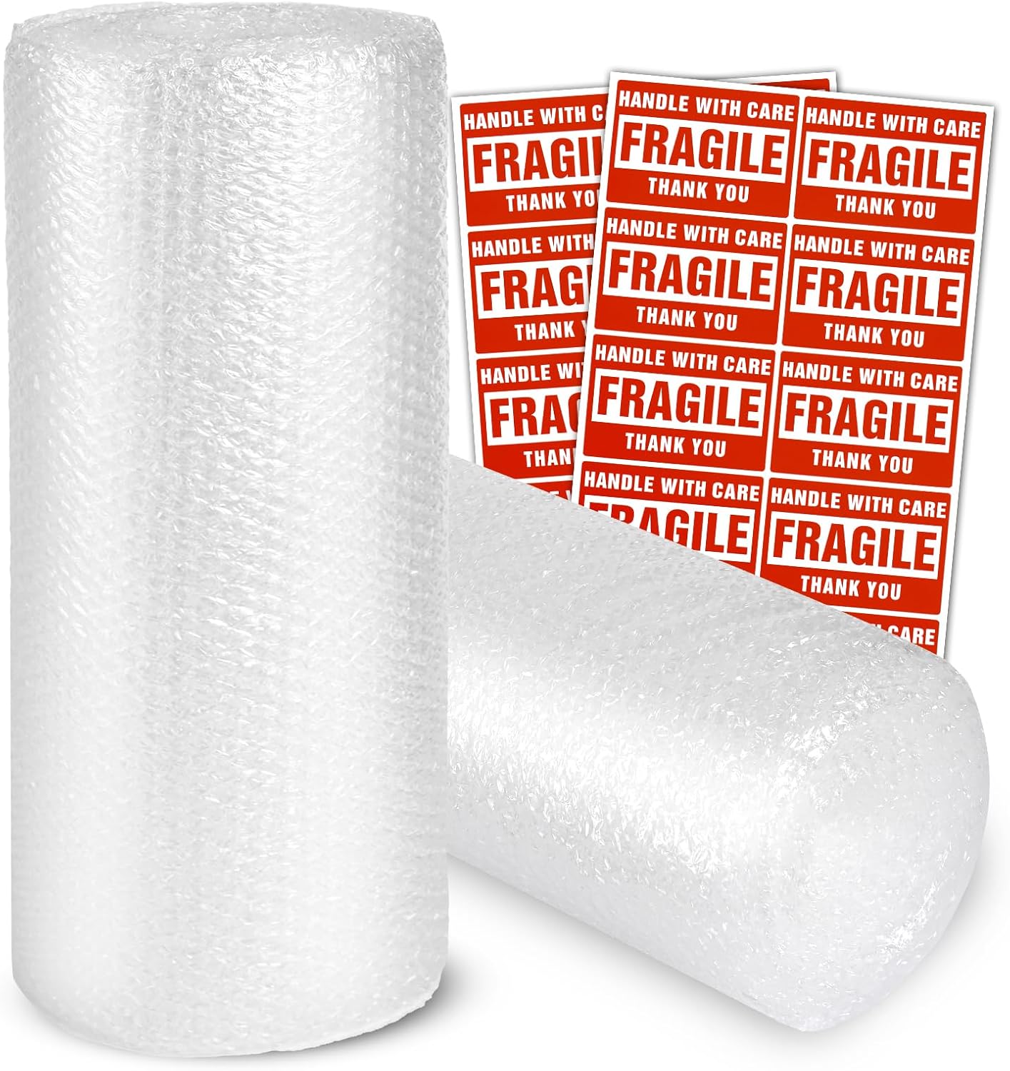 2-Pack Bubble Cushioning Wrap Rolls, 3/16" x 17" x 72' ft Total, Perforated 12" 20 Fragile Stickers for Shipping, Packaging, Mailing