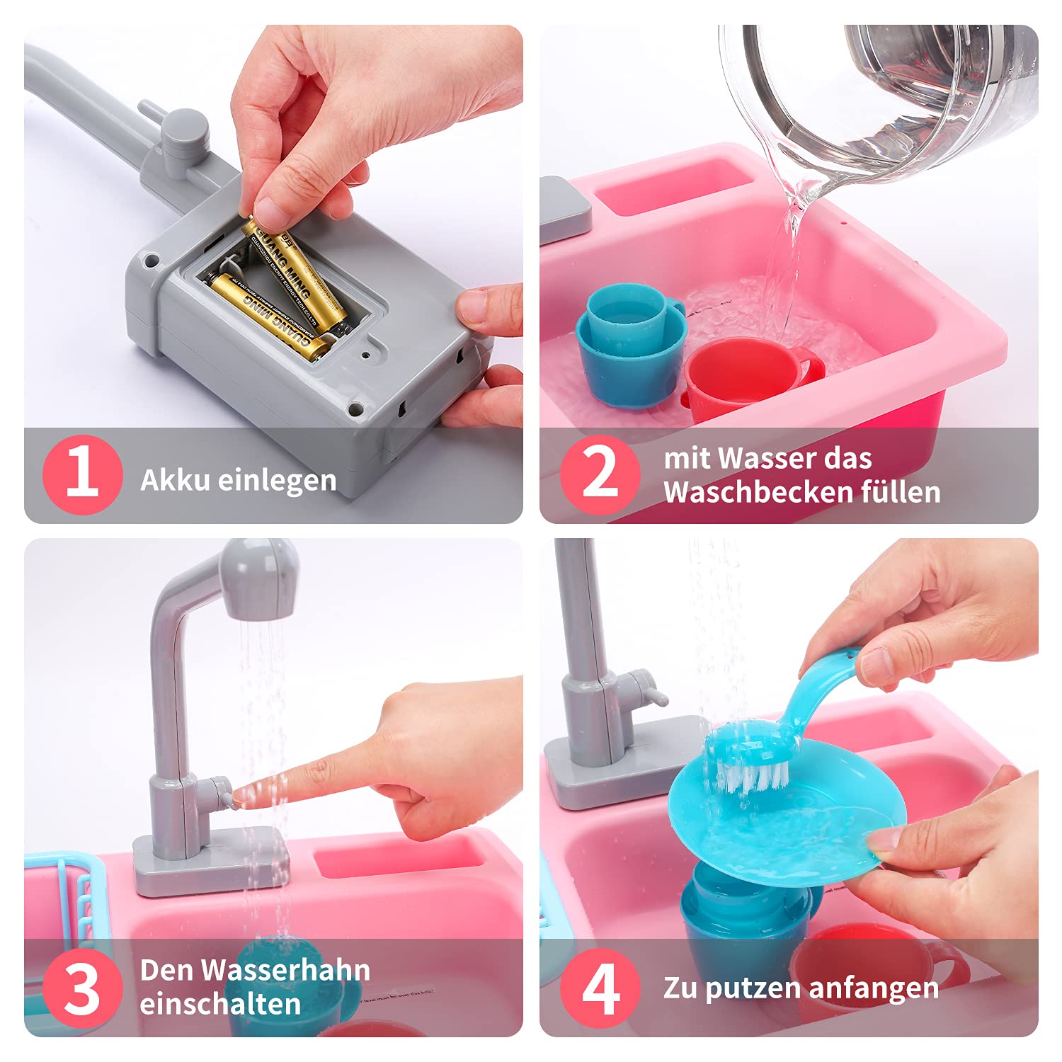 cute stone Kitchen Sink Toy Set with Hot Water Recycling Tap and Basin, Heat Exchange, Crockery Set with Fruit Carving, for Children from 3 Years (Pink