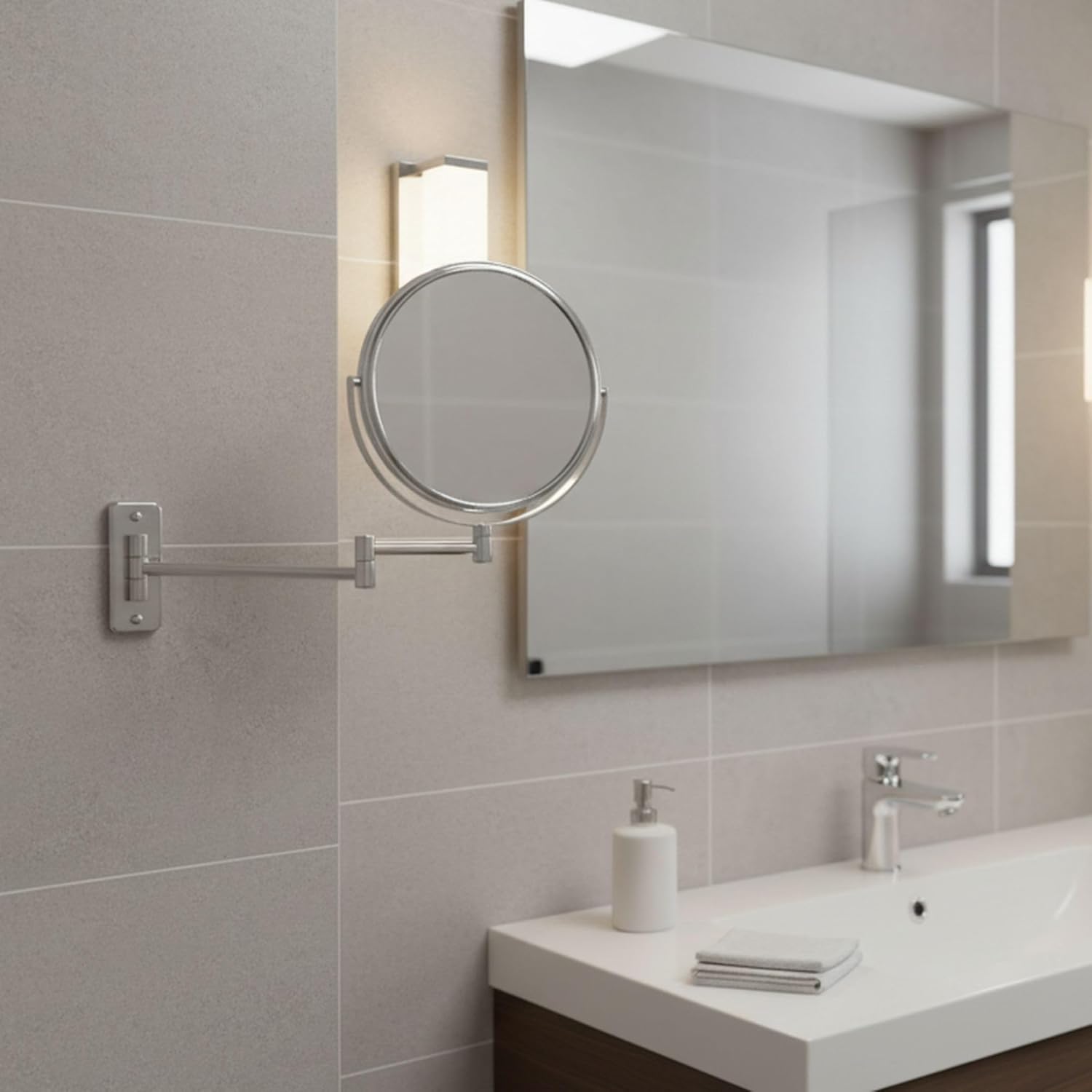 Wall-mounted makeup mirror installed in a modern bathroom