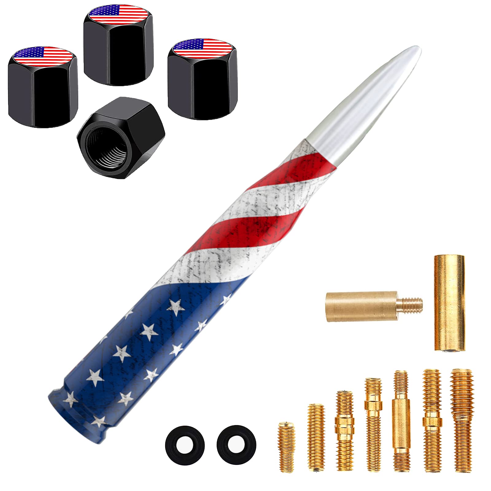 American Flag Car Truck Bullet Antenna with Valve Stem Caps, Universal Antenna Mast for GM Chevy Silverado 1500 2500 3500 HD Avalanche Ford F150 F250 F350 Heavy Duty Pickup Jeep Accessories (Silver)