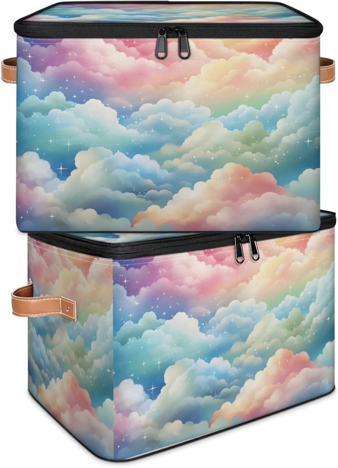 Storage Bin Set of 2 Rainbow Cloud Storage Basket with Zipper Lid & Handle Foldable Closet Shelf 2 Pack Cloth Organizer Basket Cube Bins Clothes Organizer for Nursery, Bedroom