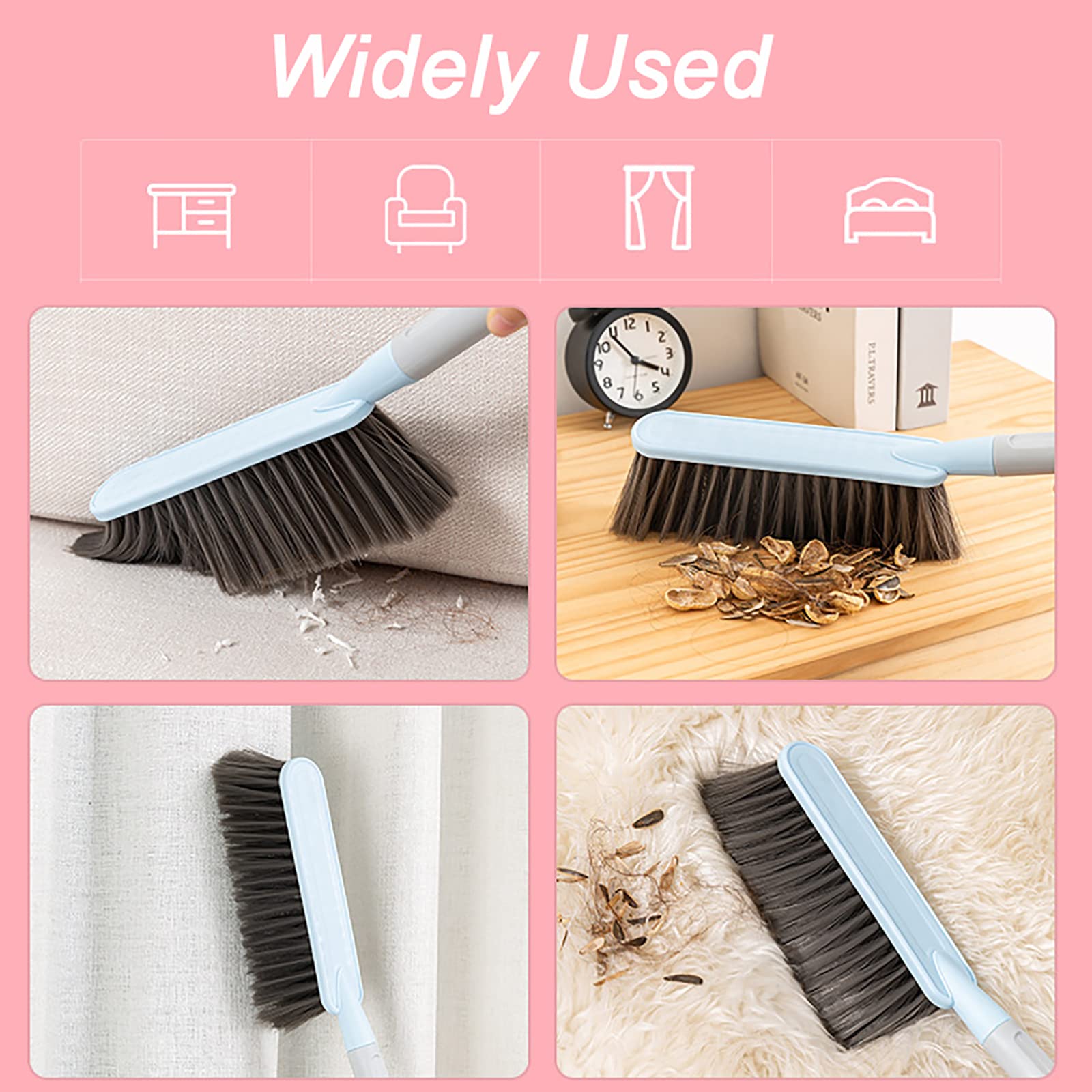 SwissHome 1PCS Hand Broom Cleaning Brush Soft Bristle Hand Brush with Long Handle Multi-Functional Dusting Brush for Bed, Car, Sofa, Furniture, Clothes, and Carpet (Pink,15.7 Inch) 3